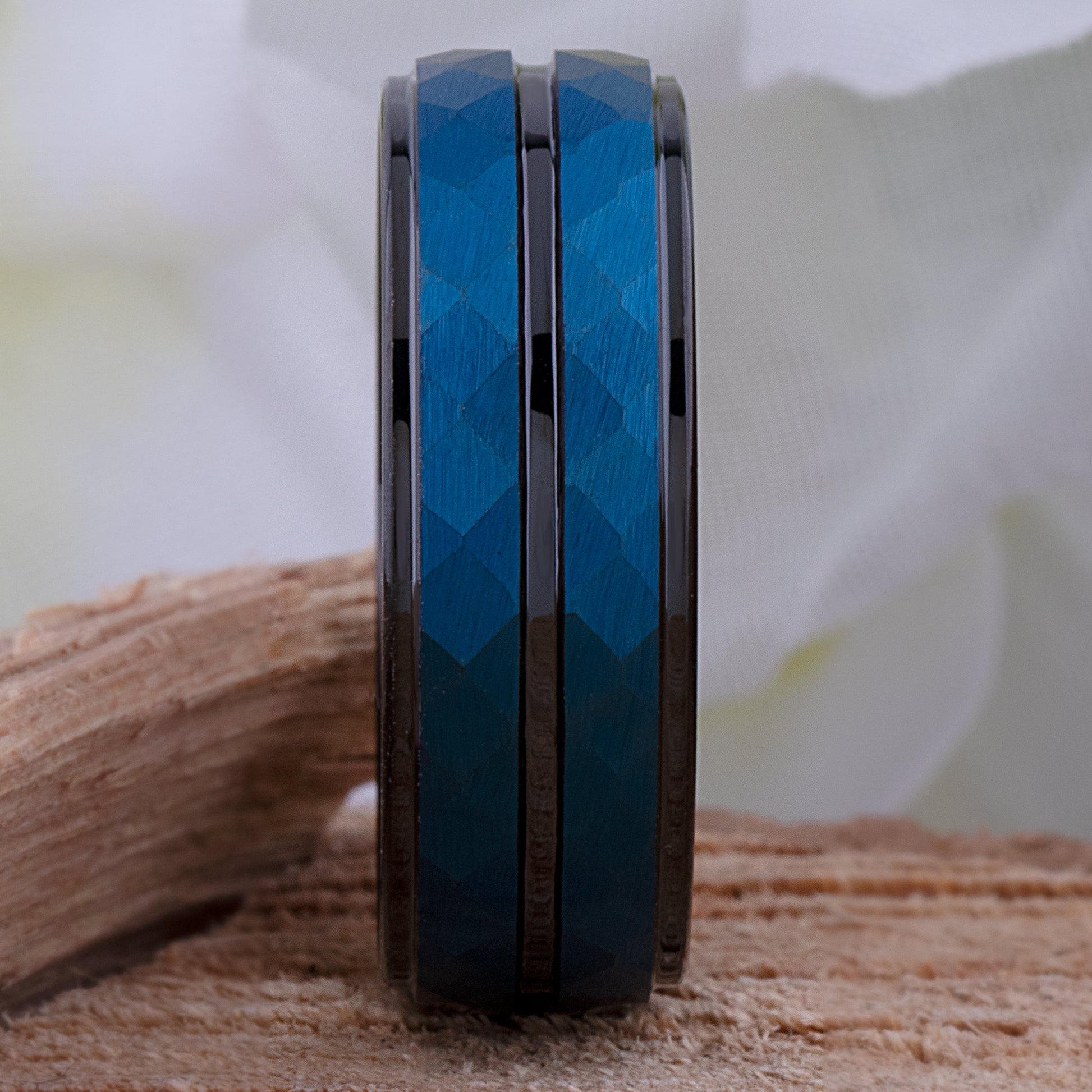 Tungsten Men's Wedding Band or Engagement Ring 8mm Wide Diamond Cut Satin Finish Two-Tone Blue & Black Ion Plating