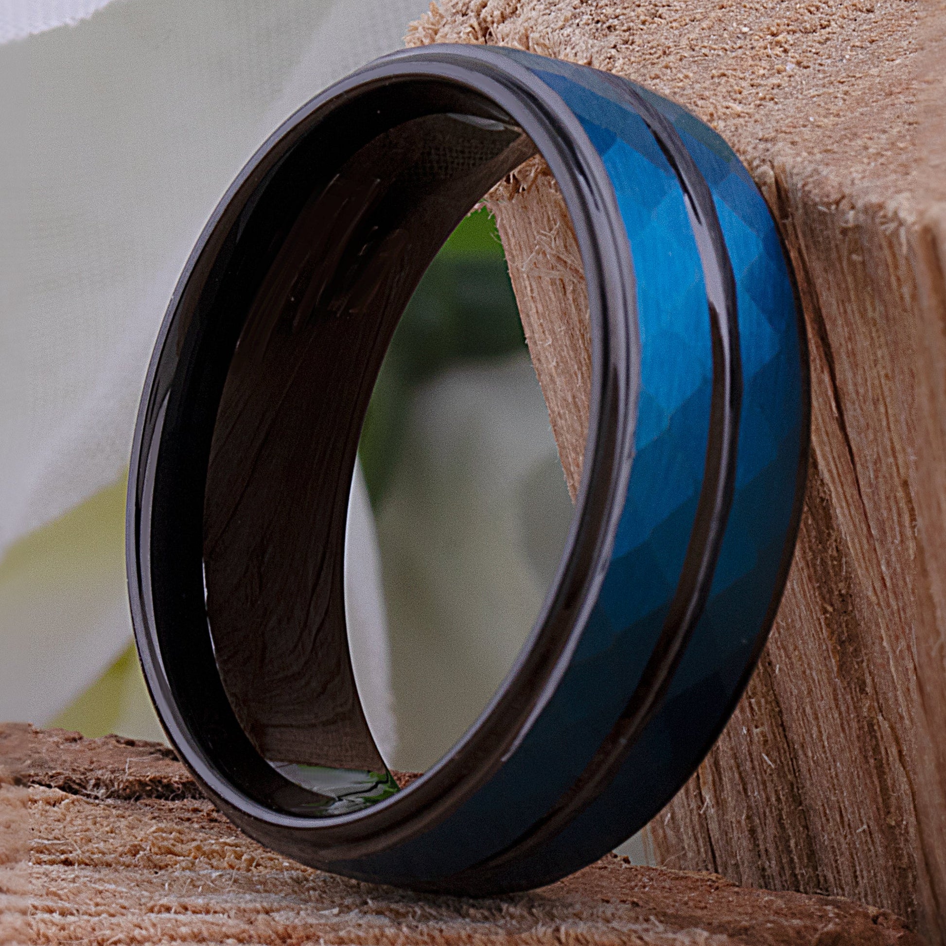 Tungsten Men's Wedding Band or Engagement Ring 8mm Wide Diamond Cut Satin Finish Two-Tone Blue & Black Ion Plating