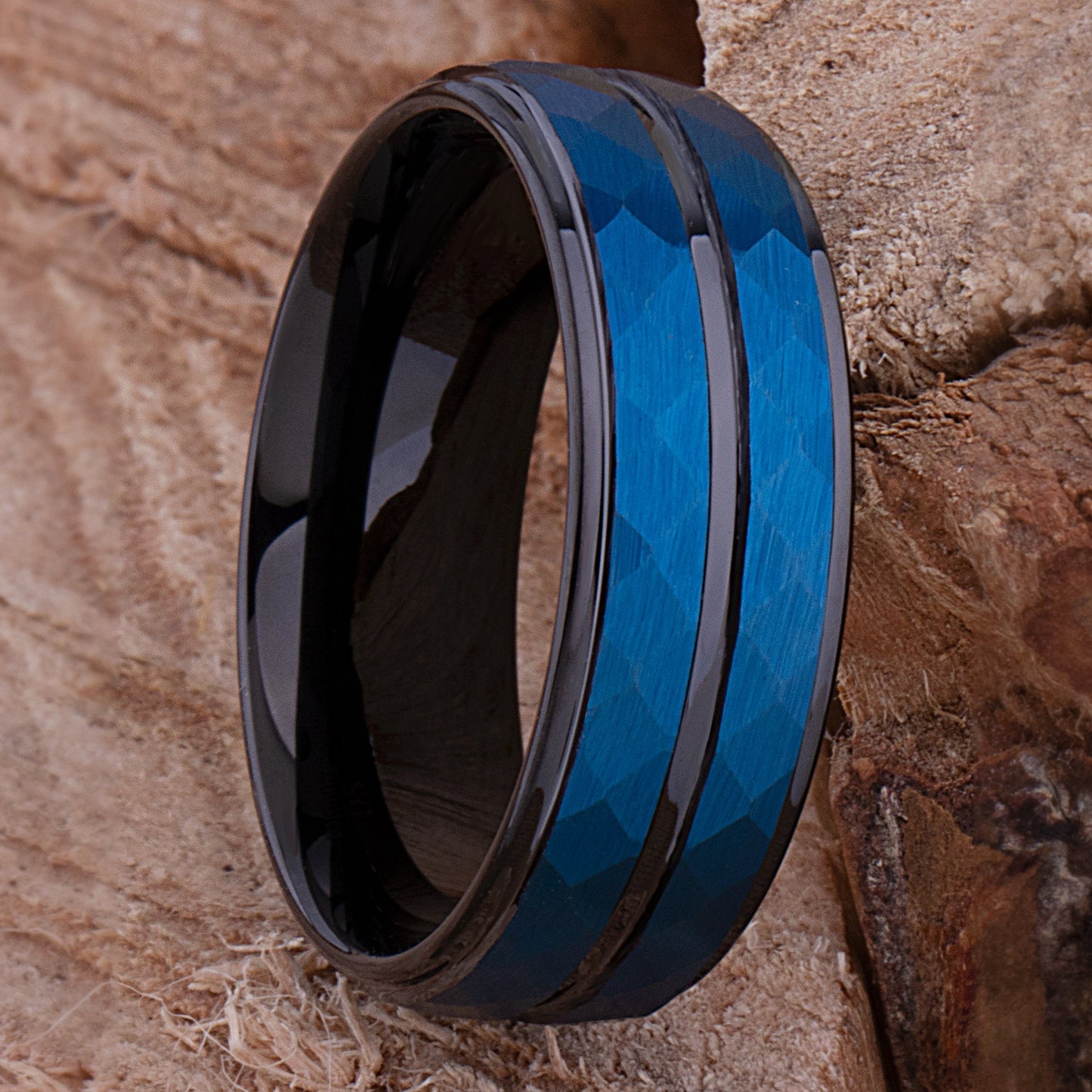 Tungsten Men's Wedding Band or Engagement Ring 8mm Wide Diamond Cut Satin Finish Two-Tone Blue & Black Ion Plating