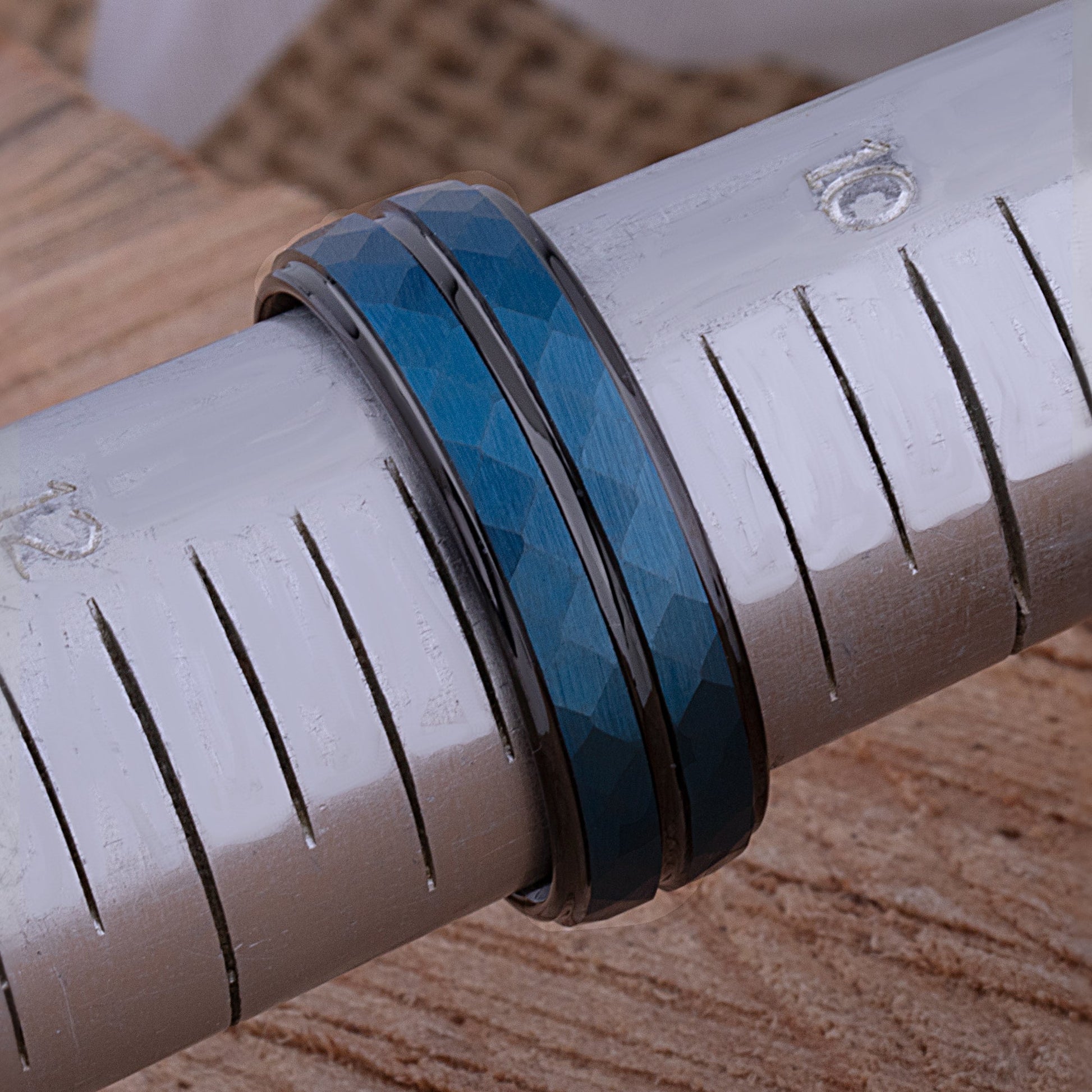 Tungsten Men's Wedding Band or Engagement Ring 8mm Wide Diamond Cut Satin Finish Two-Tone Blue & Black Ion Plating