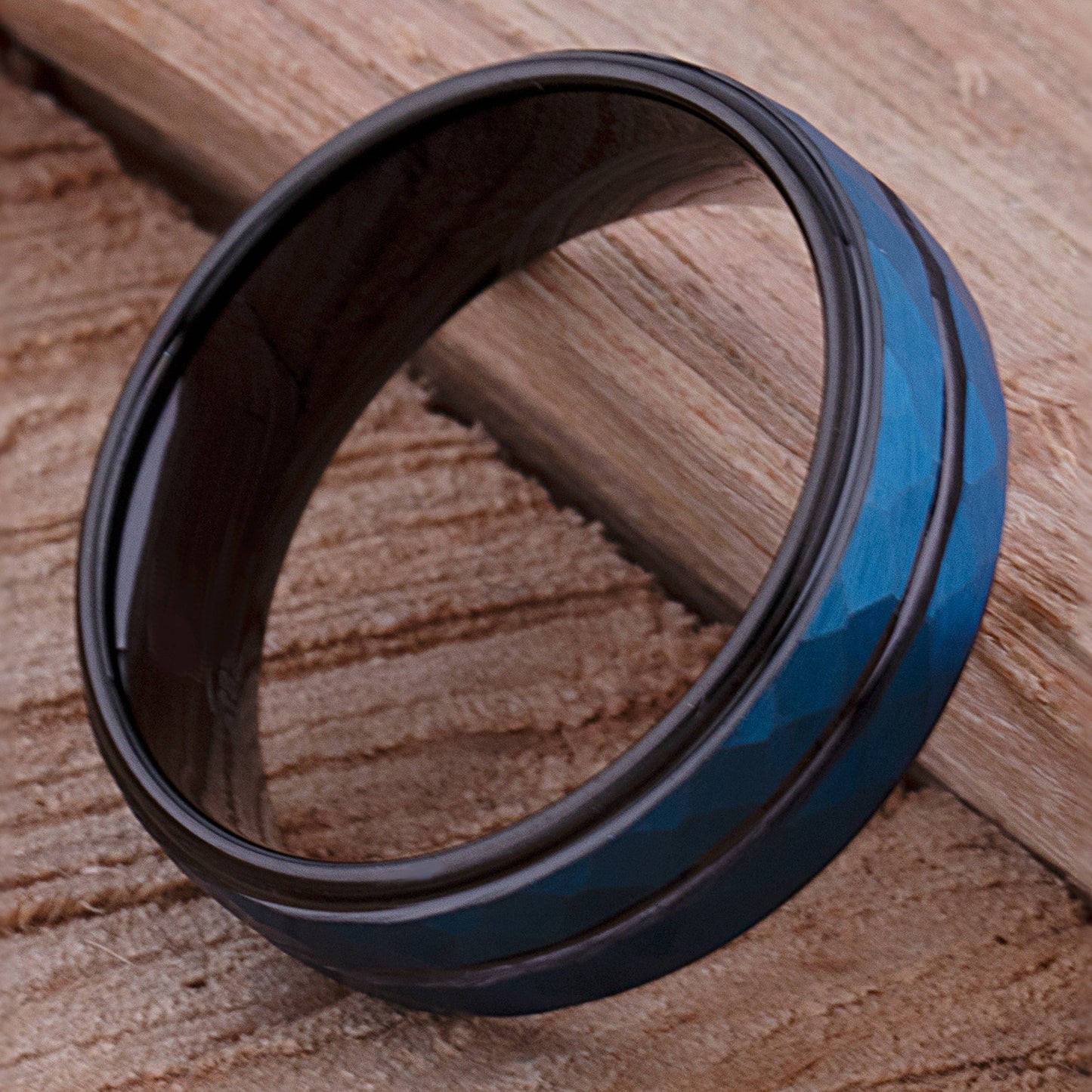 Tungsten Men's Wedding Band or Engagement Ring 8mm Wide Diamond Cut Satin Finish Two-Tone Blue & Black Ion Plating