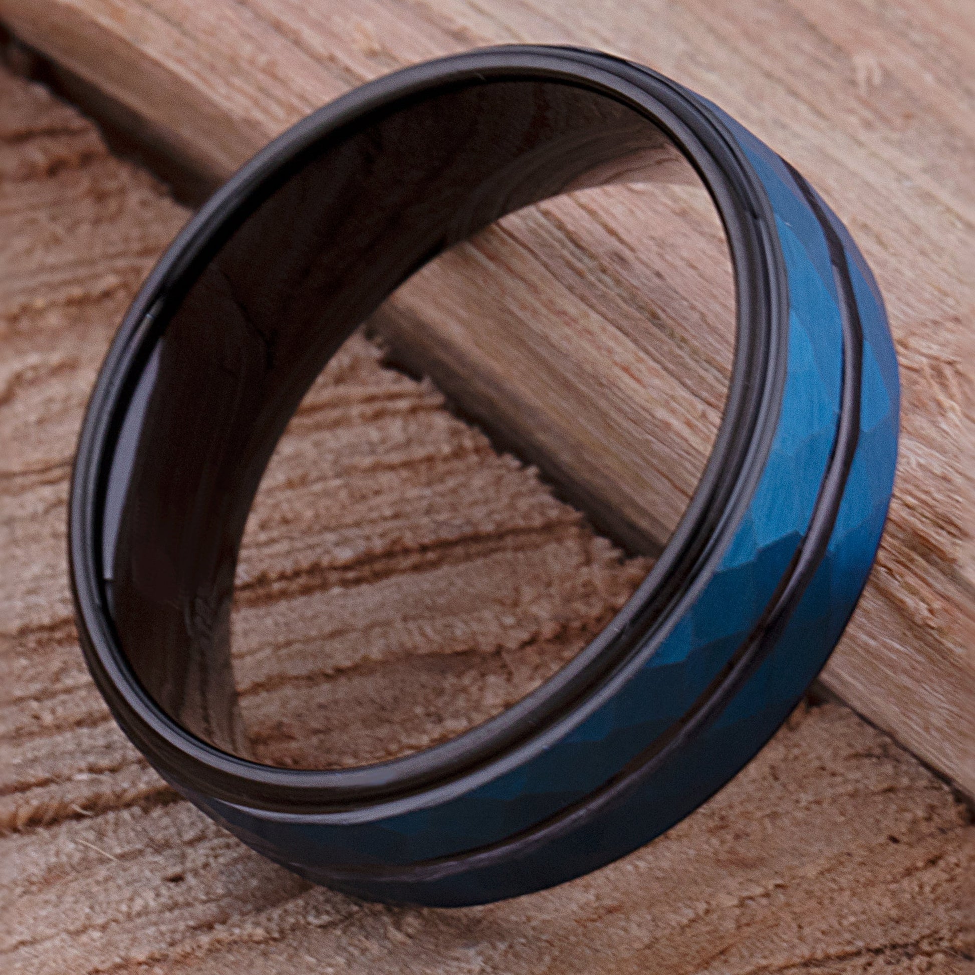 Tungsten Men's Wedding Band or Engagement Ring 8mm Wide Diamond Cut Satin Finish Two-Tone Blue & Black Ion Plating