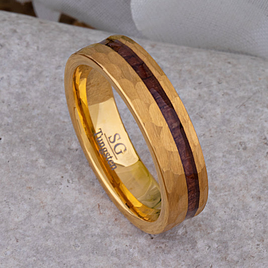 Yellow Tungsten Ring with Padauk Wood Inlay - 6mm Wide