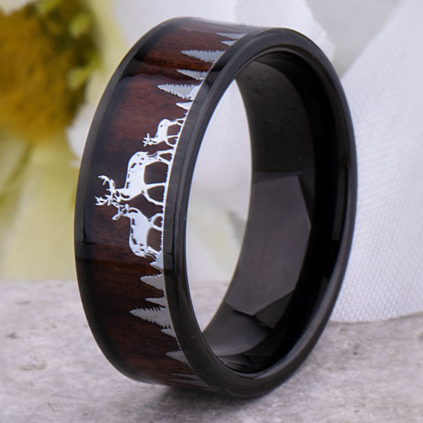 Black Tungsten Carbide Men's Wedding Ring 8mm Wide with Natural Rosewood and Stainless Steel Deer Family in a Forest