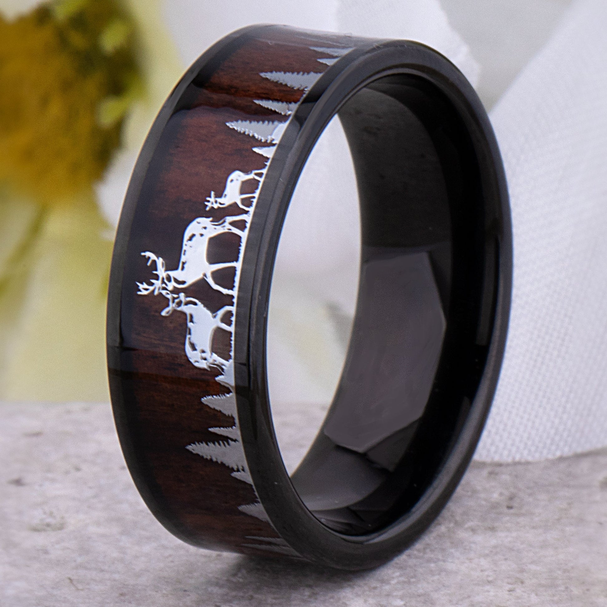 Black Tungsten Carbide Men's Wedding Ring 8mm Wide with Natural Rosewood and Stainless Steel Deer Family in a Forest