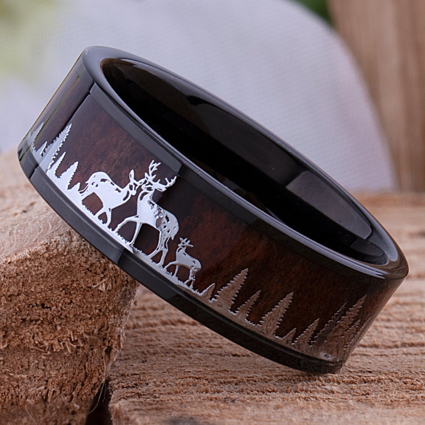Black Tungsten Carbide Men's Wedding Ring 8mm Wide with Natural Rosewood and Stainless Steel Deer Family in a Forest