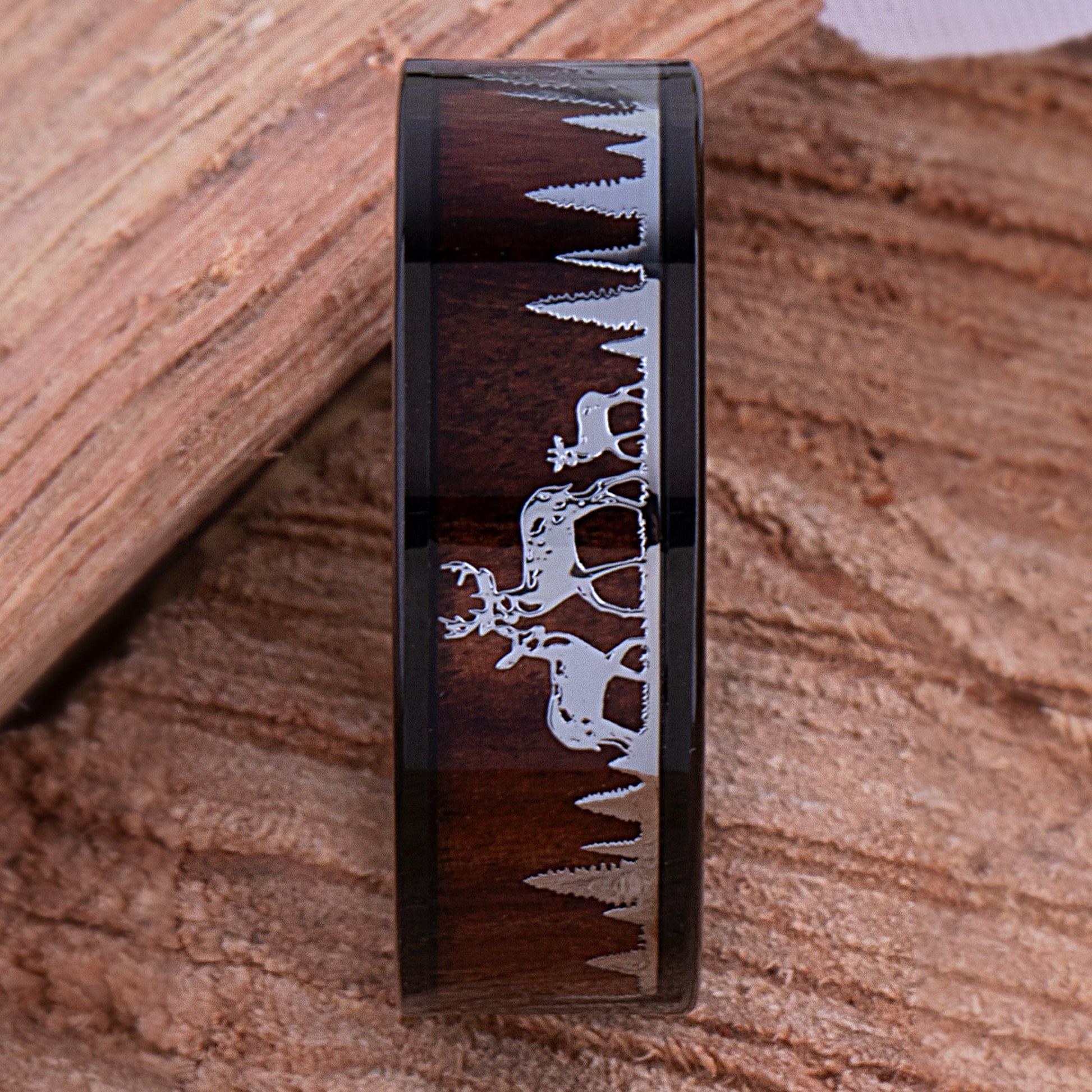 Black Tungsten Carbide Men's Wedding Ring 8mm Wide with Natural Rosewood and Stainless Steel Deer Family in a Forest