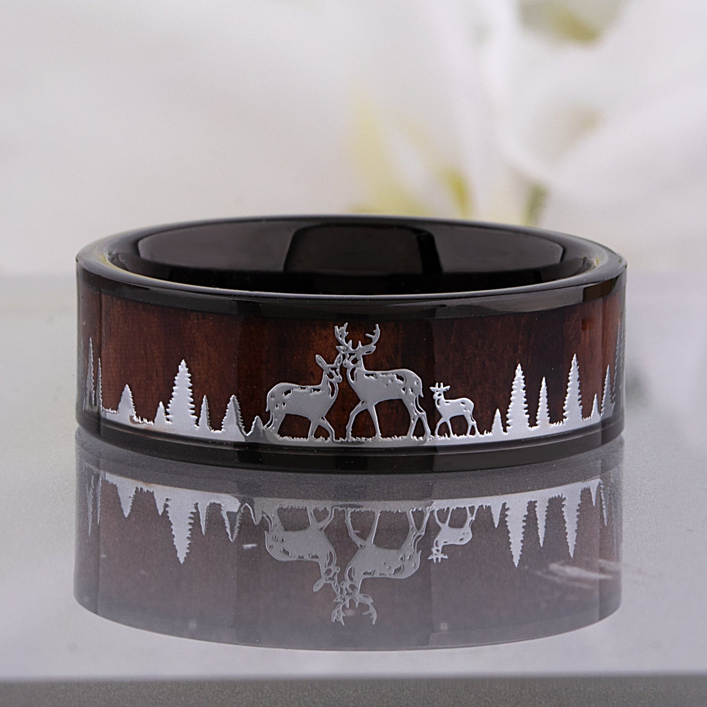 Black Tungsten Carbide Men's Wedding Ring 8mm Wide with Natural Rosewood and Stainless Steel Deer Family in a Forest