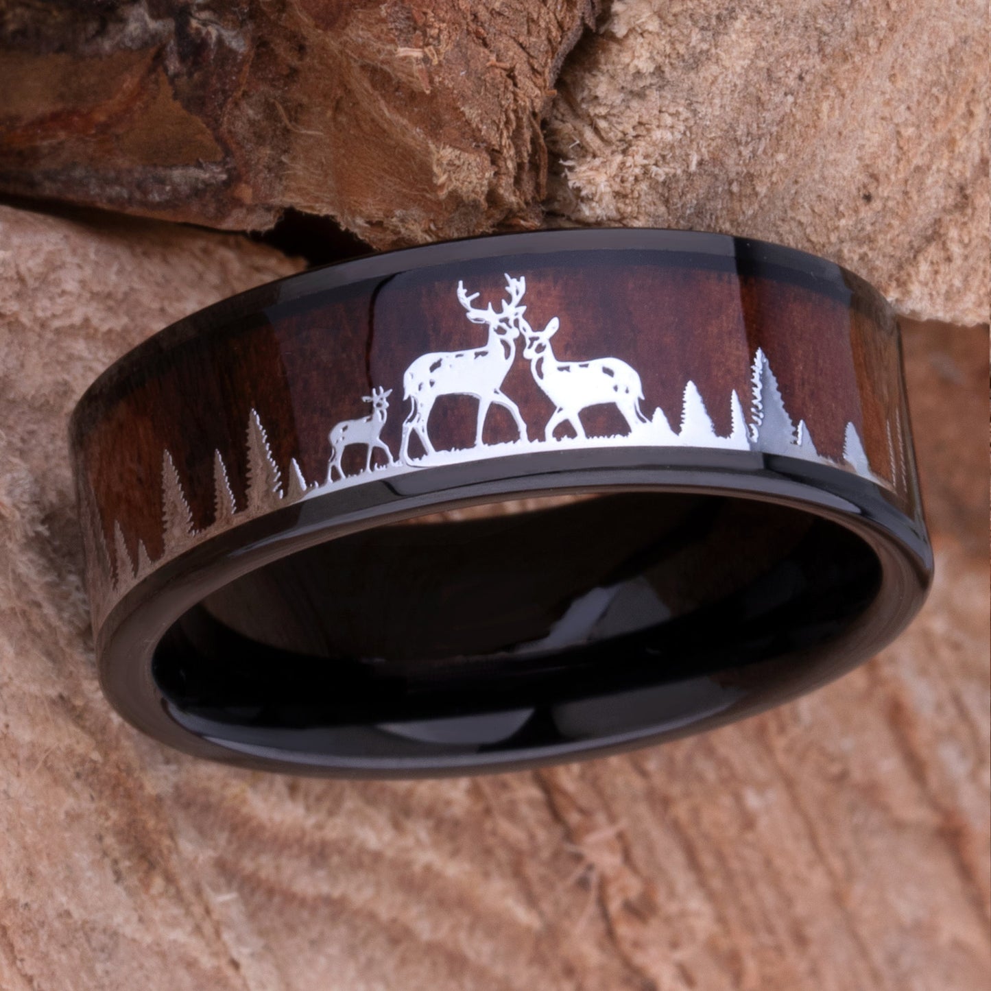Black Tungsten Carbide Men's Wedding Ring 8mm Wide with Natural Rosewood and Stainless Steel Deer Family in a Forest