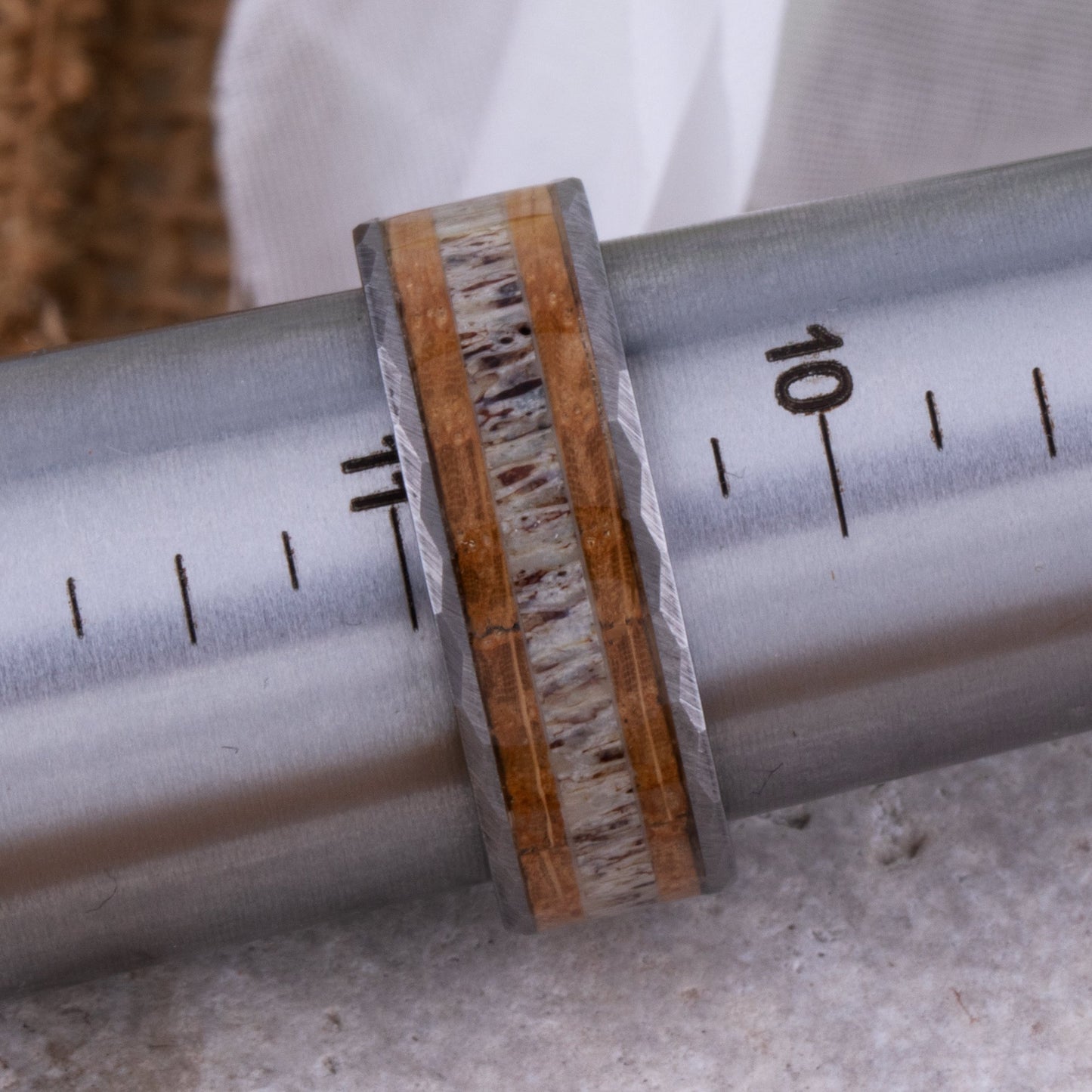  Tungsten Ring with Whiskey Barrel Wood and Deer Antler Inlay - 8mm Width