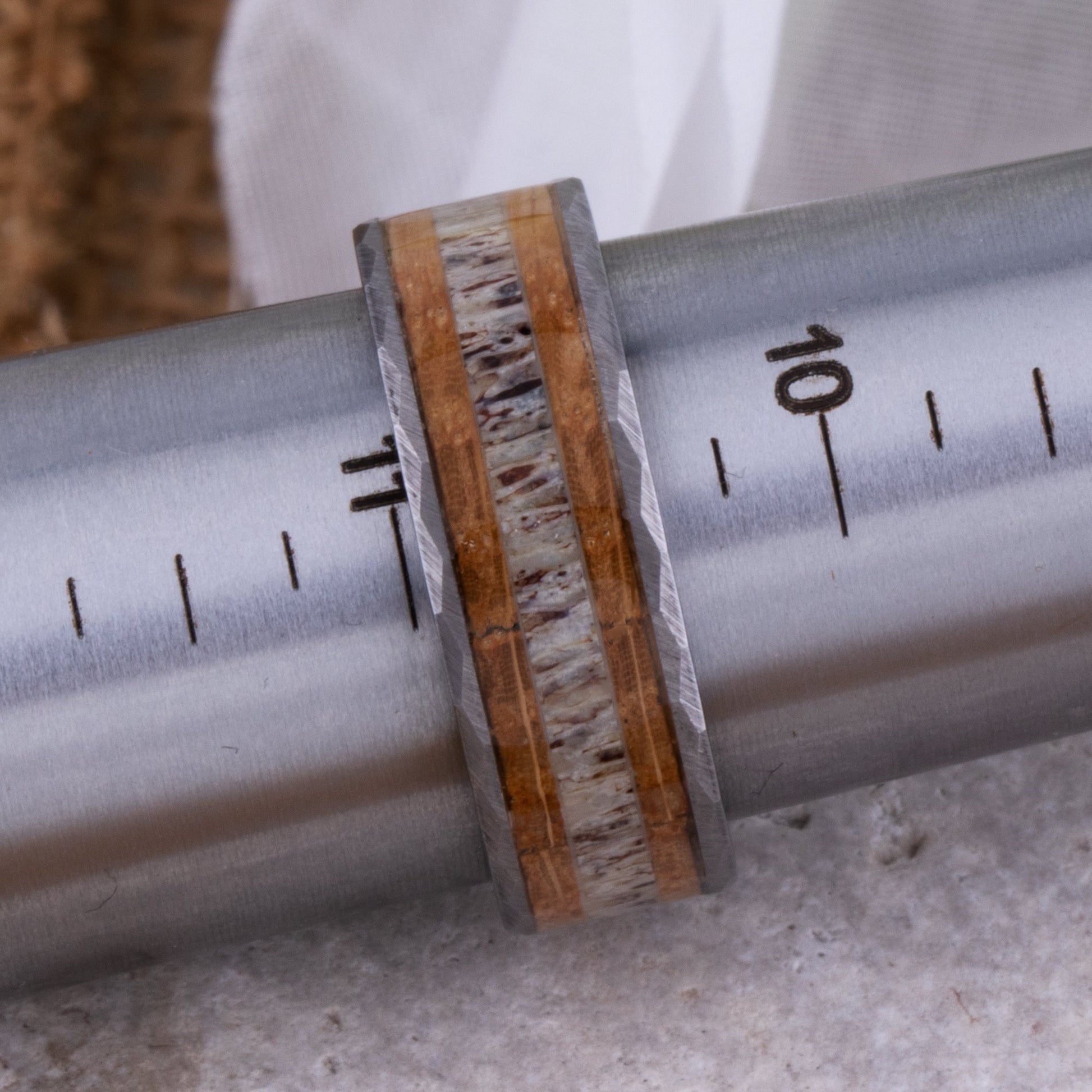  Tungsten Ring with Whiskey Barrel Wood and Deer Antler Inlay - 8mm Width