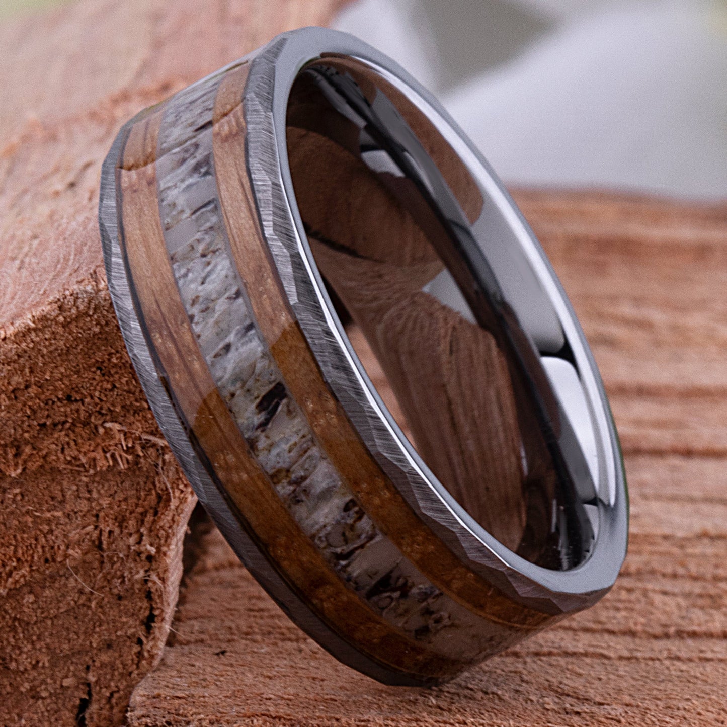  Tungsten Ring with Whiskey Barrel Wood and Deer Antler Inlay - 8mm Width