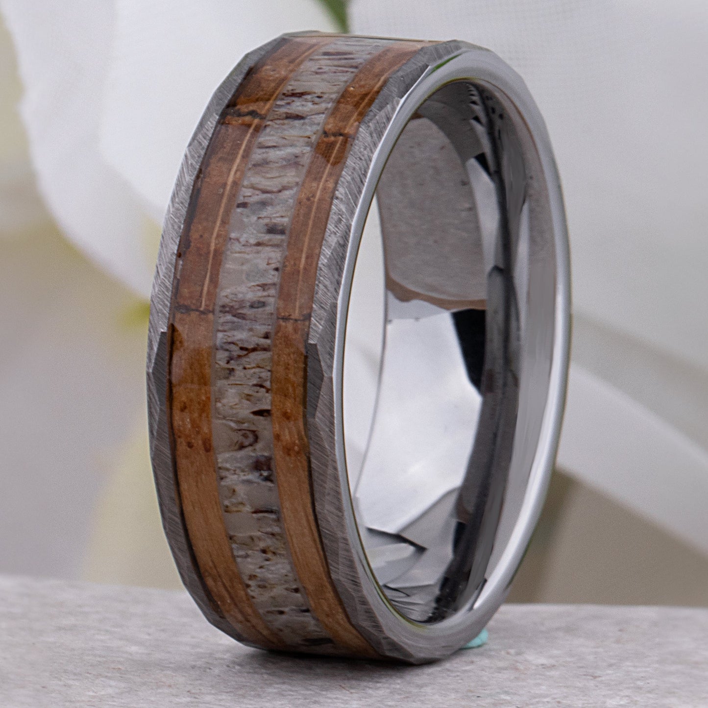  Tungsten Ring with Whiskey Barrel Wood and Deer Antler Inlay - 8mm Width