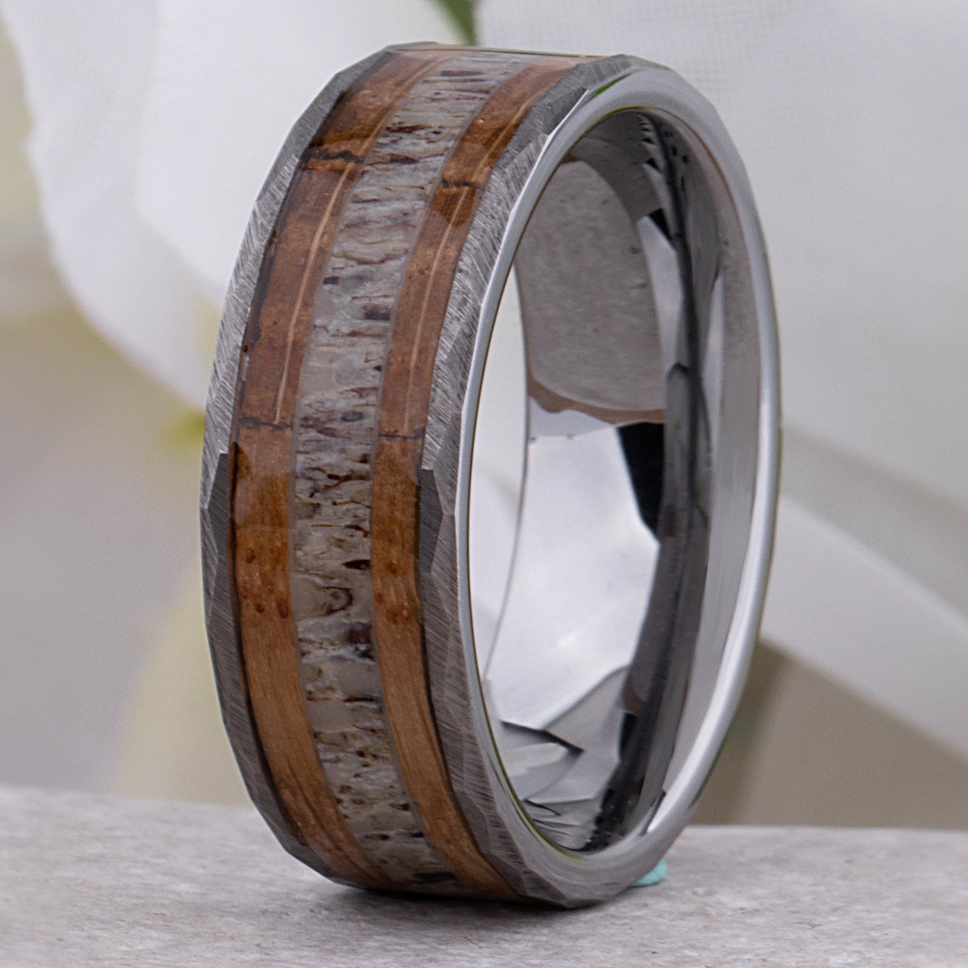  Tungsten Ring with Whiskey Barrel Wood and Deer Antler Inlay - 8mm Width