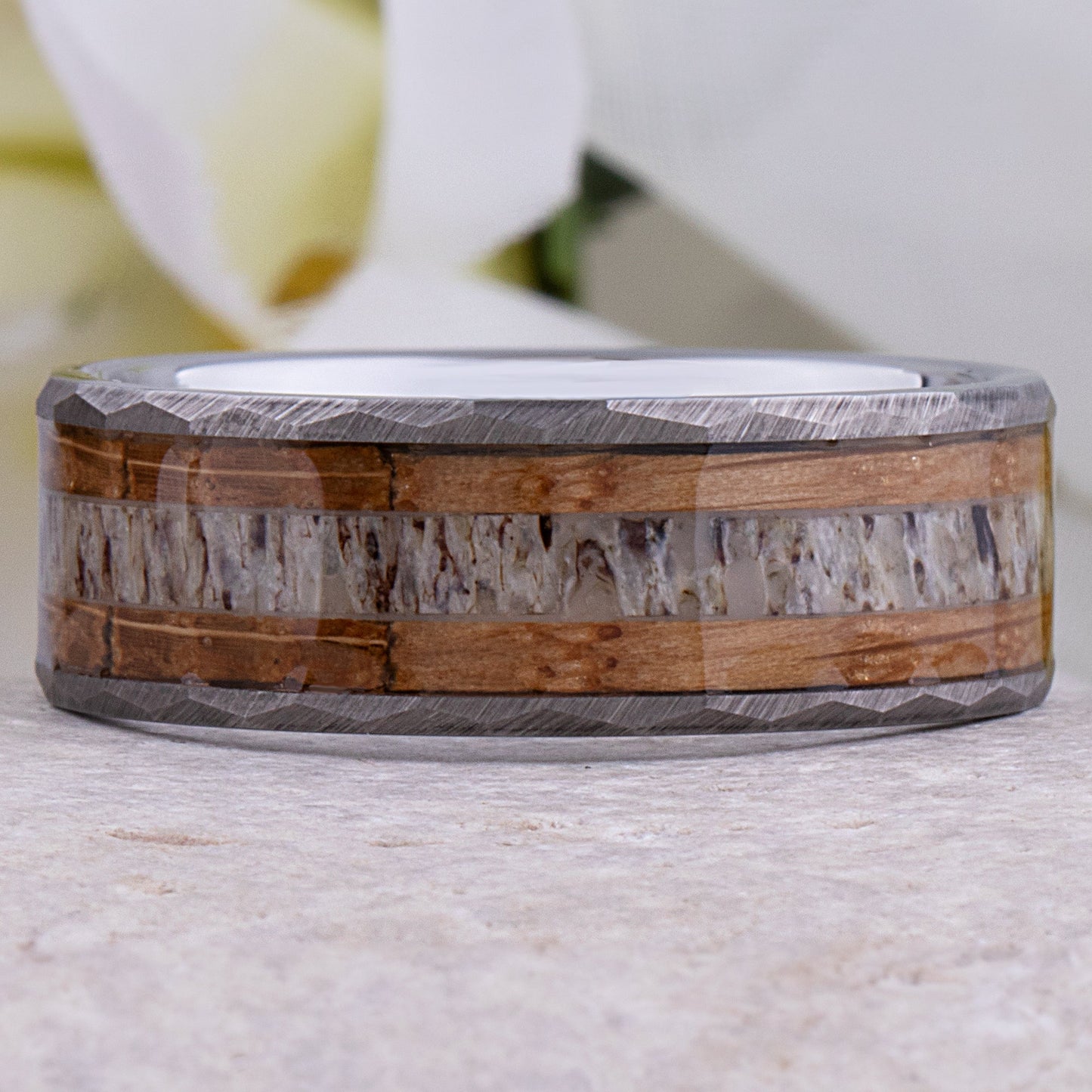  Tungsten Ring with Whiskey Barrel Wood and Deer Antler Inlay - 8mm Width