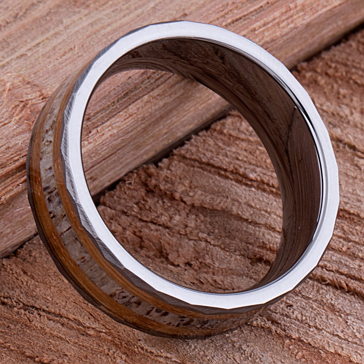  Tungsten Ring with Whiskey Barrel Wood and Deer Antler Inlay - 8mm Width