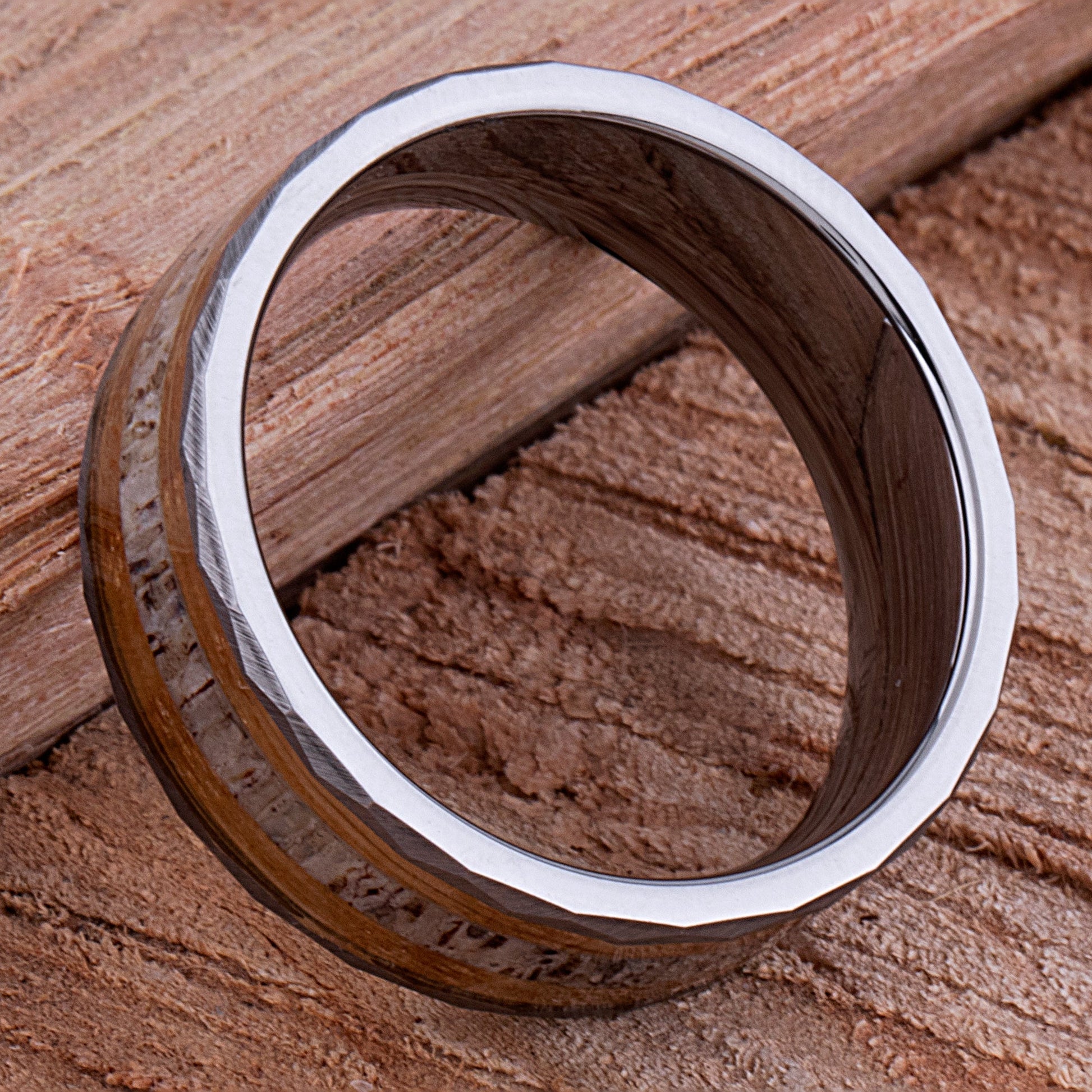  Tungsten Ring with Whiskey Barrel Wood and Deer Antler Inlay - 8mm Width