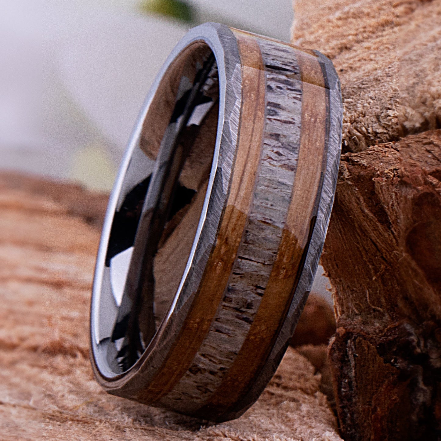  Tungsten Ring with Whiskey Barrel Wood and Deer Antler Inlay - 8mm Width