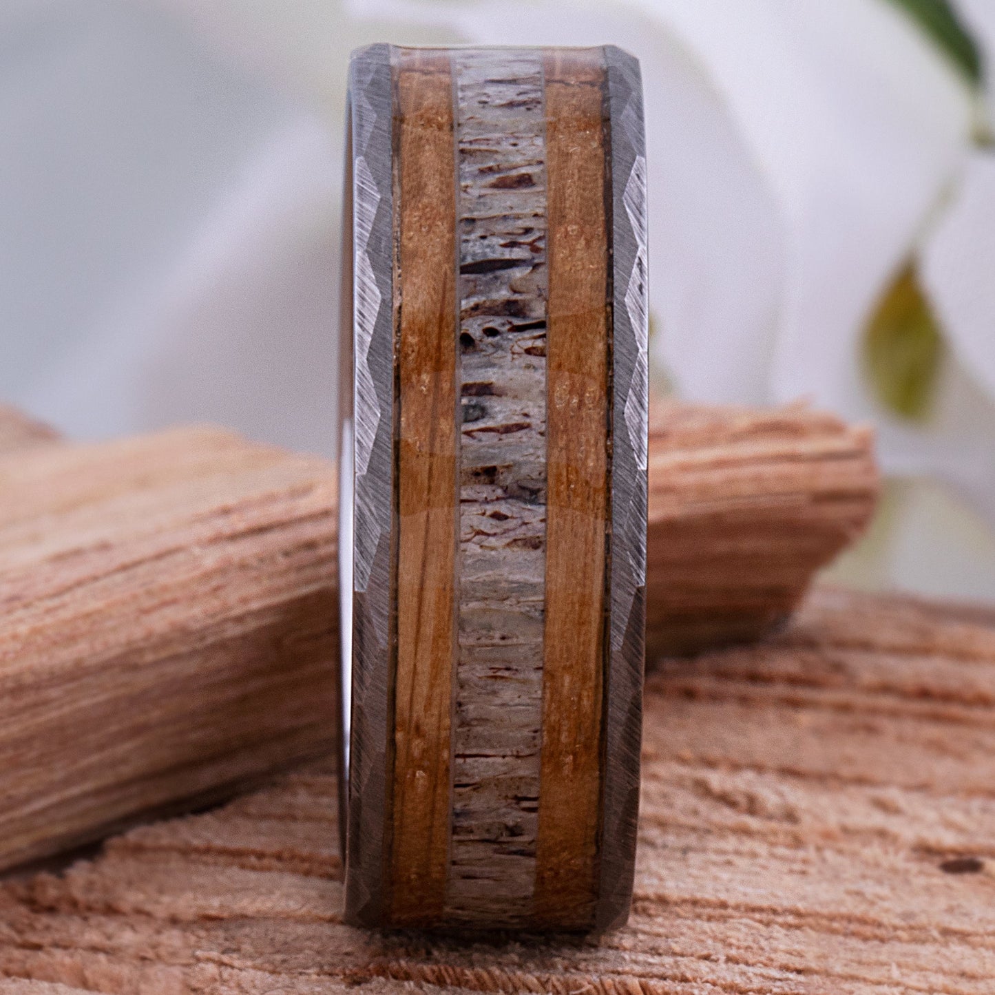  Tungsten Ring with Whiskey Barrel Wood and Deer Antler Inlay - 8mm Width