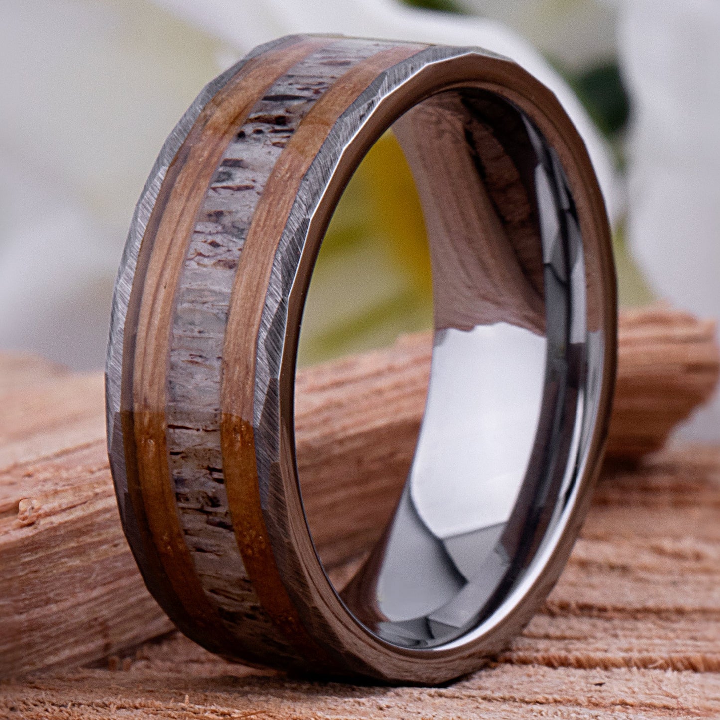  Tungsten Ring with Whiskey Barrel Wood and Deer Antler Inlay - 8mm Width