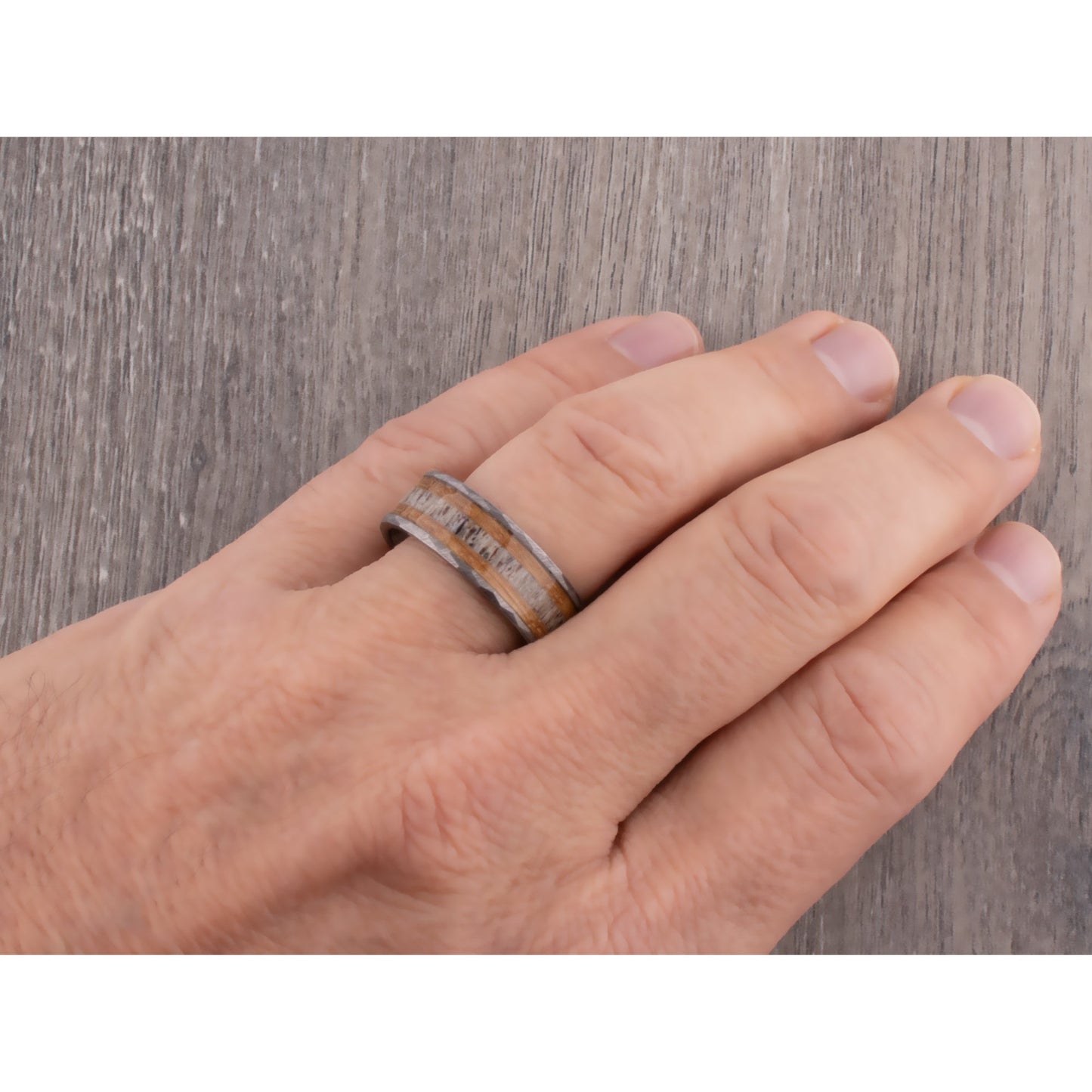  Tungsten Ring with Whiskey Barrel Wood and Deer Antler Inlay - 8mm Width