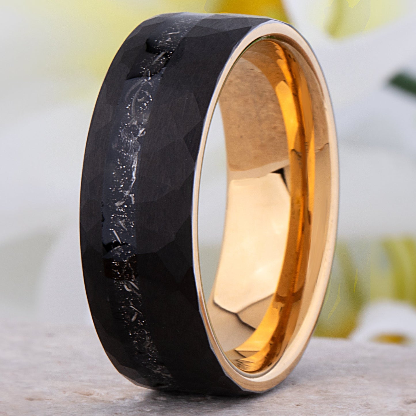 Black and Yellow Tungsten Carbide Wedding Ring or Engagement Band 8mm Wide with Meteorite Inlay