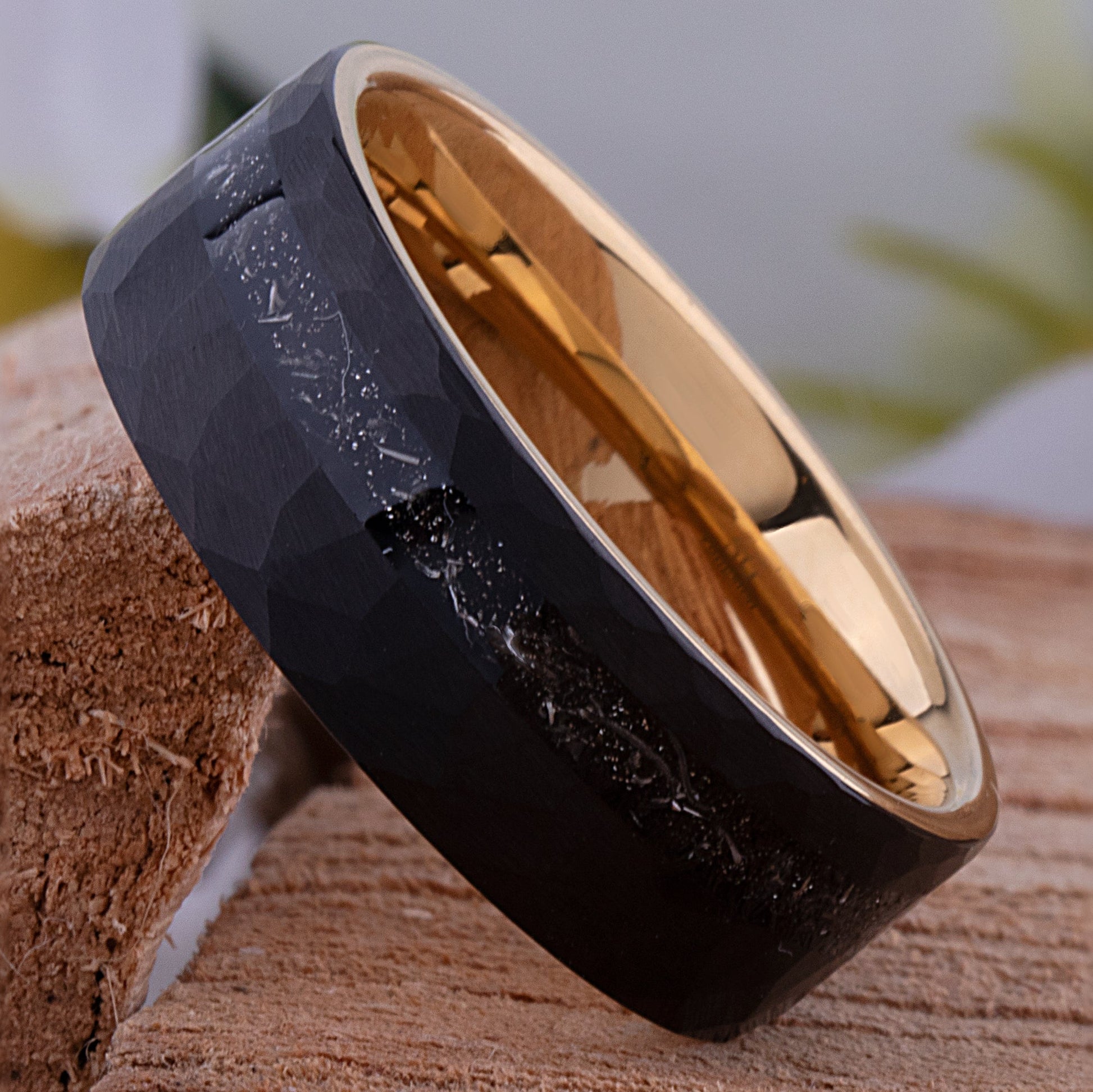 Black and Yellow Tungsten Carbide Wedding Ring or Engagement Band 8mm Wide with Meteorite Inlay