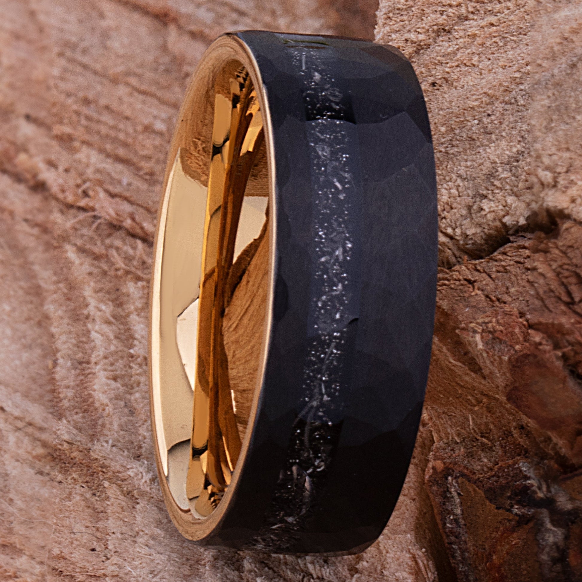 Black and Yellow Tungsten Carbide Wedding Ring or Engagement Band 8mm Wide with Meteorite Inlay