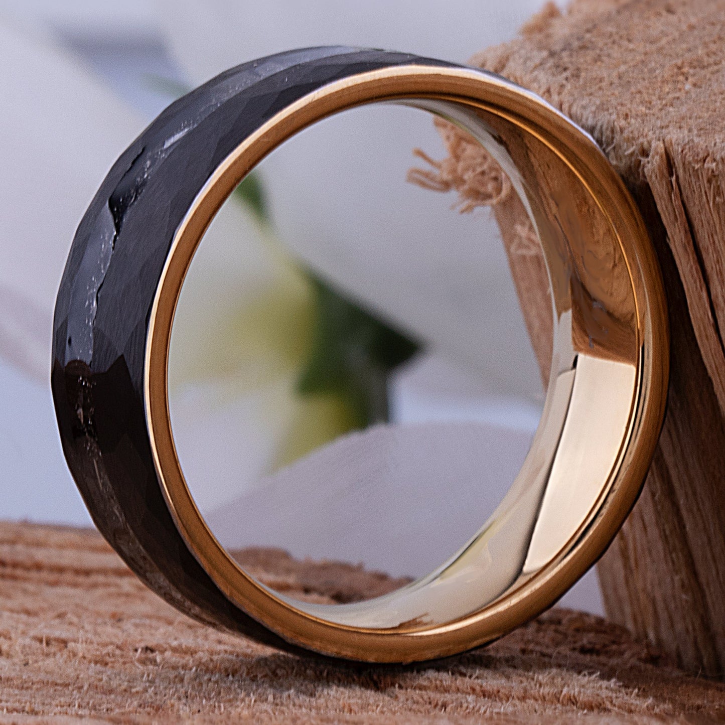 Black and Yellow Tungsten Carbide Wedding Ring or Engagement Band 8mm Wide with Meteorite Inlay