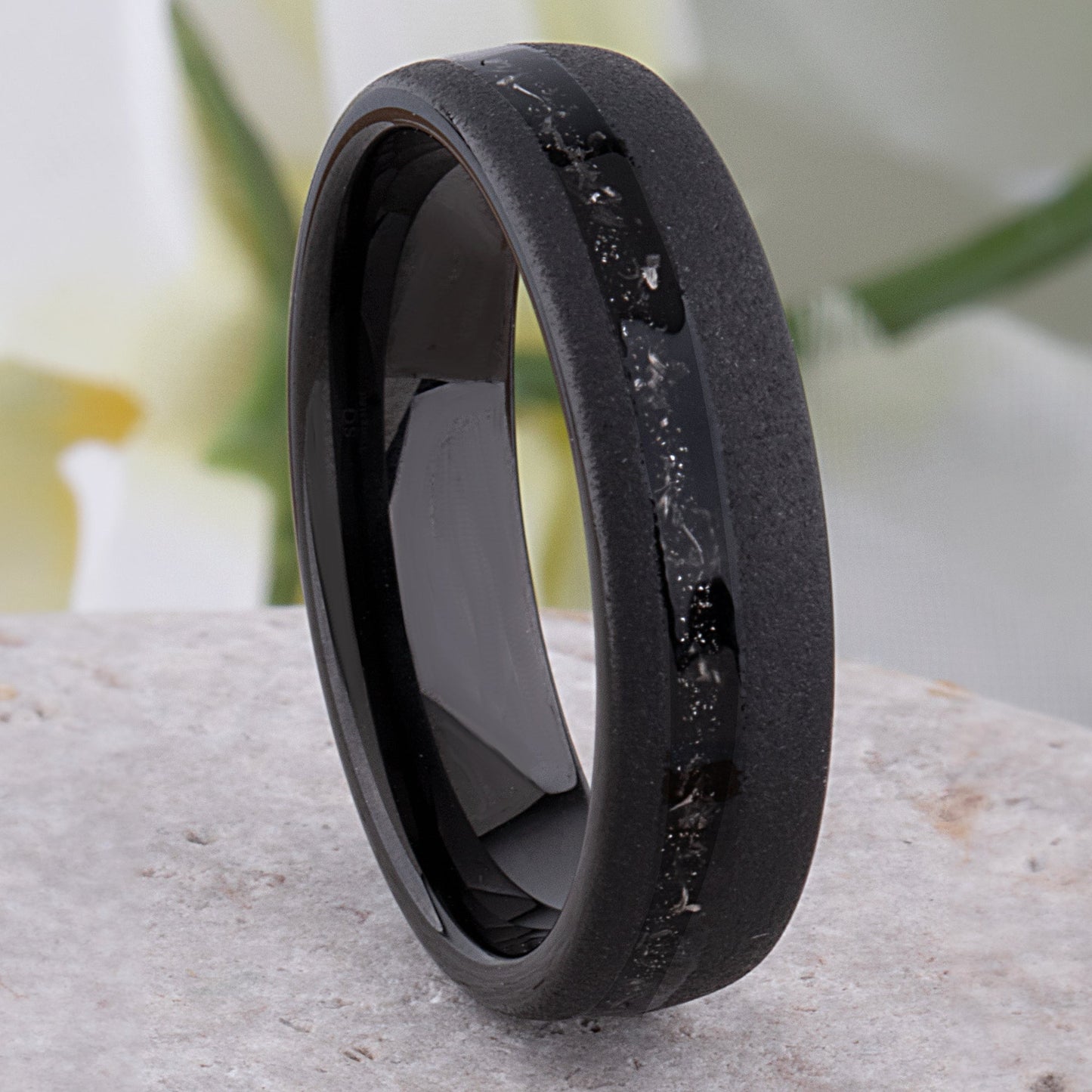 Meteorite Inlay Black Tungsten Carbide Wedding Ring or Engagement Band 6mm Wide