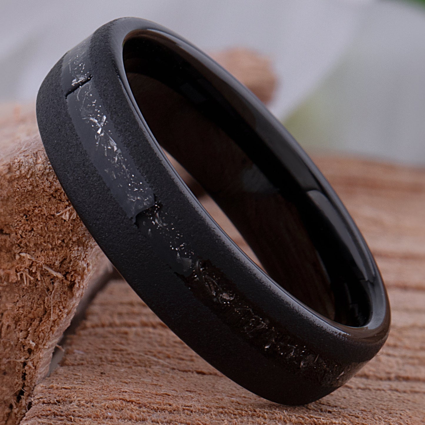 Meteorite Inlay Black Tungsten Carbide Wedding Ring or Engagement Band 6mm Wide
