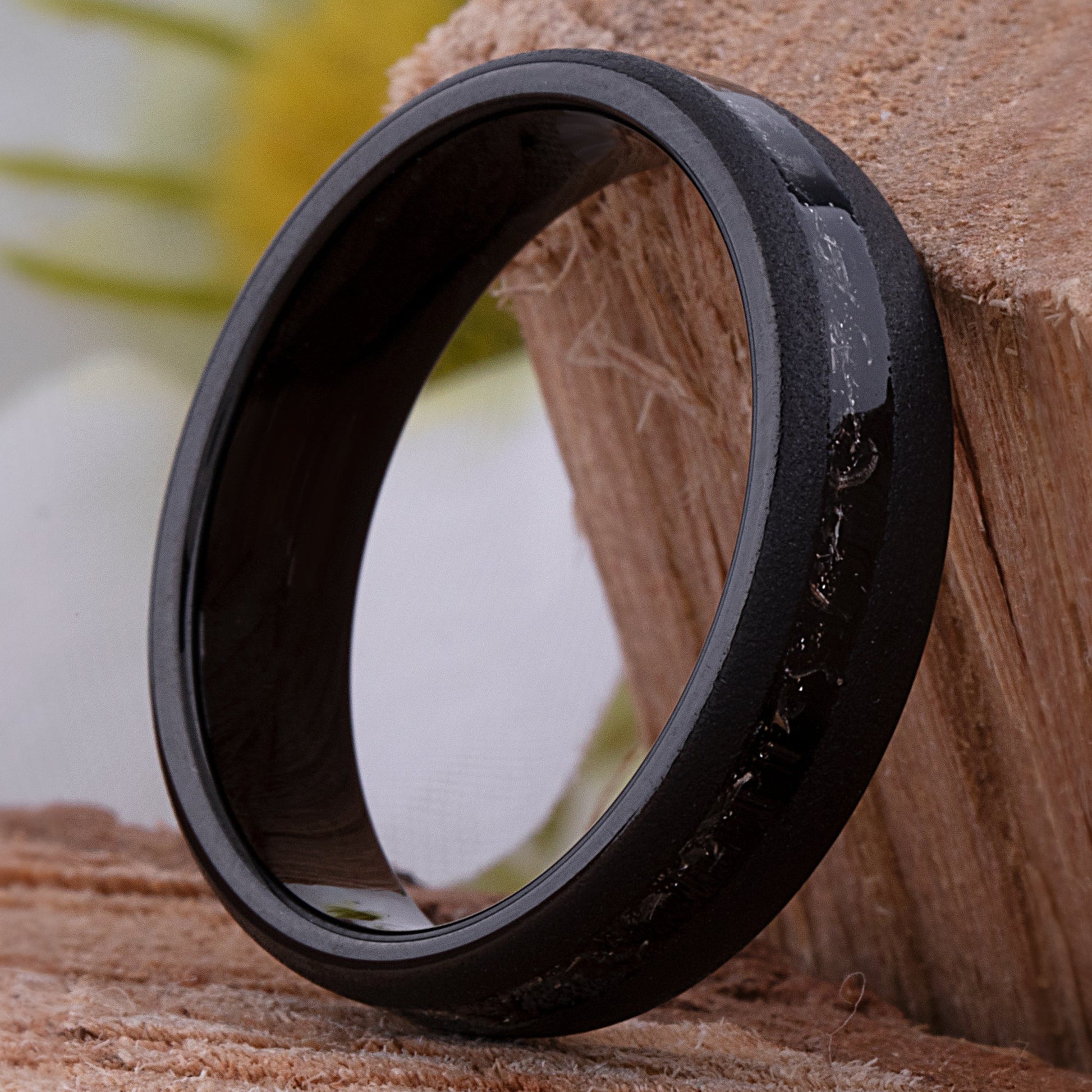 Meteorite Inlay Black Tungsten Carbide Wedding Ring or Engagement Band 6mm Wide