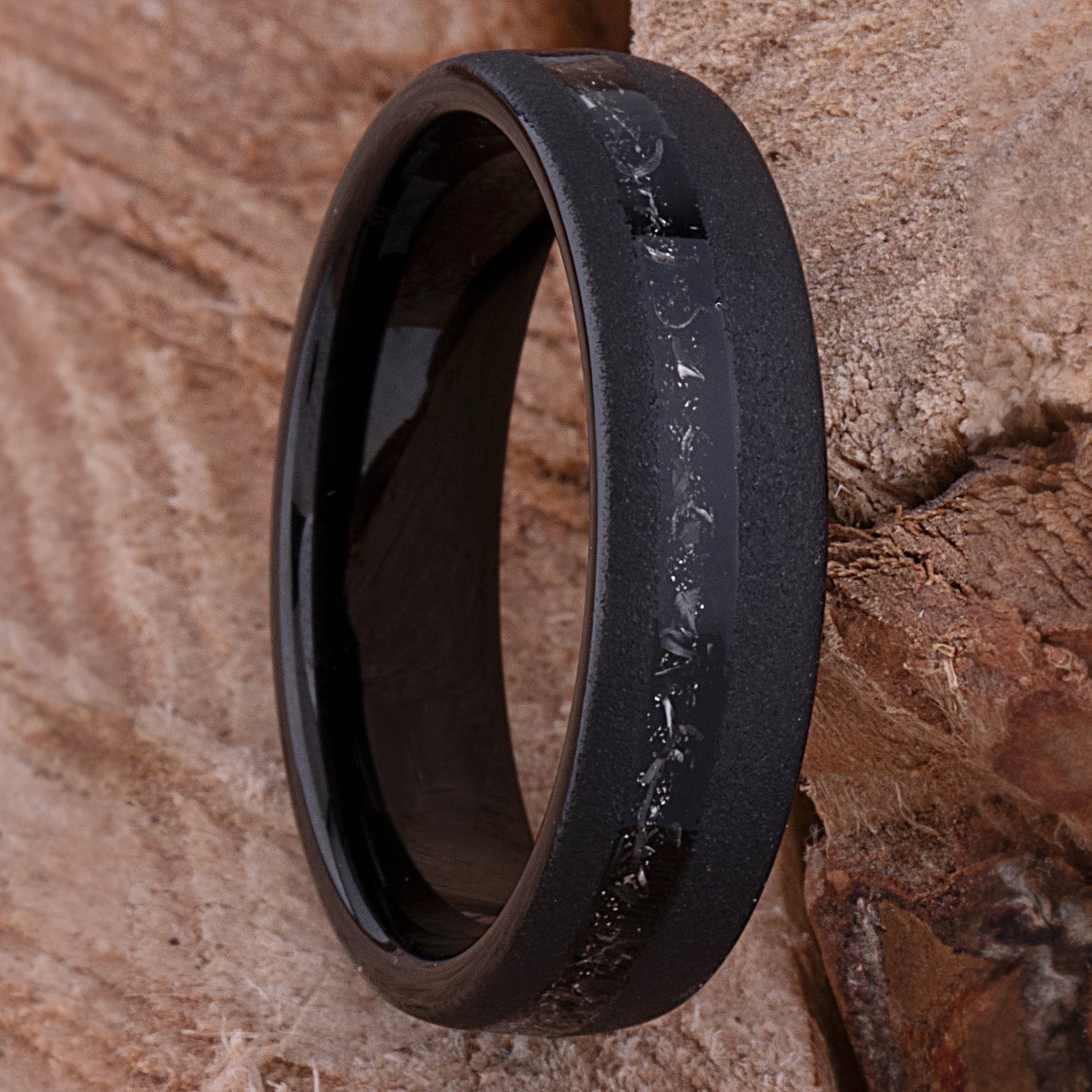 Meteorite Inlay Black Tungsten Carbide Wedding Ring or Engagement Band 6mm Wide