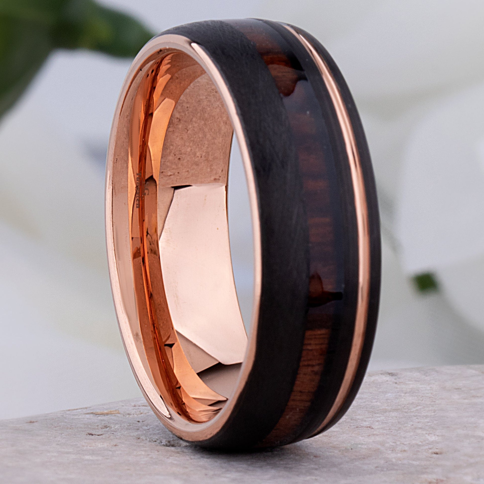 Tungsten Carbide Men's Wedding Band 8mm Wide with Black and Rose Gold Plating and Vietnamese Rosewood Inlay