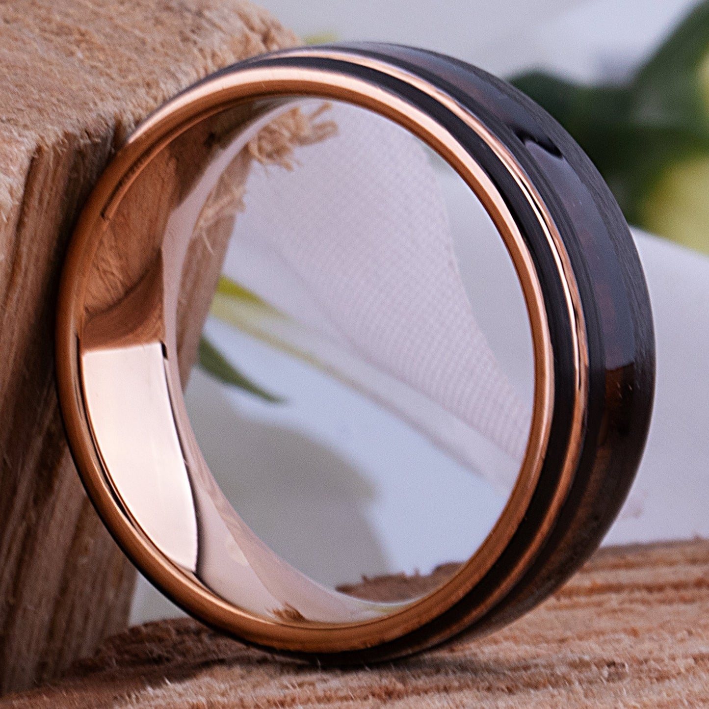 Tungsten Carbide Men's Wedding Band 8mm Wide with Black and Rose Gold Plating and Vietnamese Rosewood Inlay