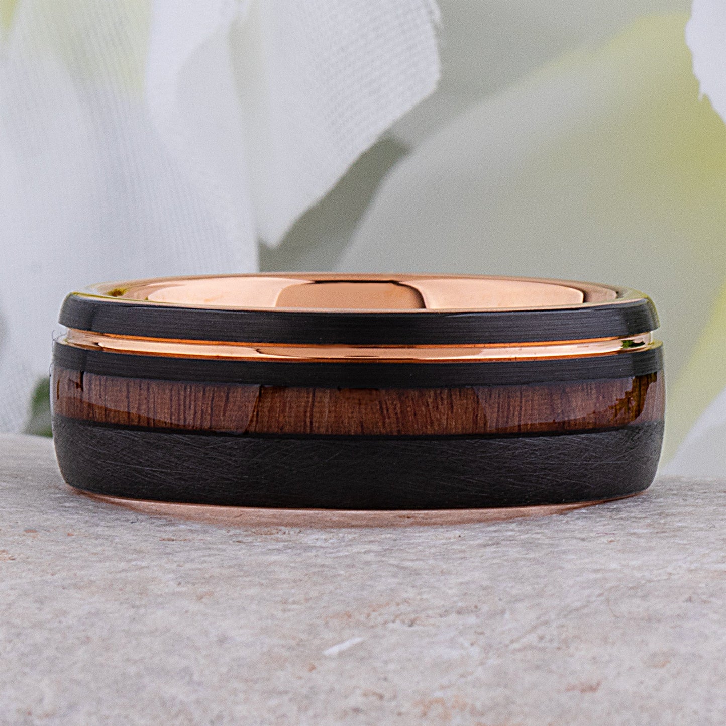 Tungsten Carbide Men's Wedding Band 8mm Wide with Black and Rose Gold Plating and Vietnamese Rosewood Inlay