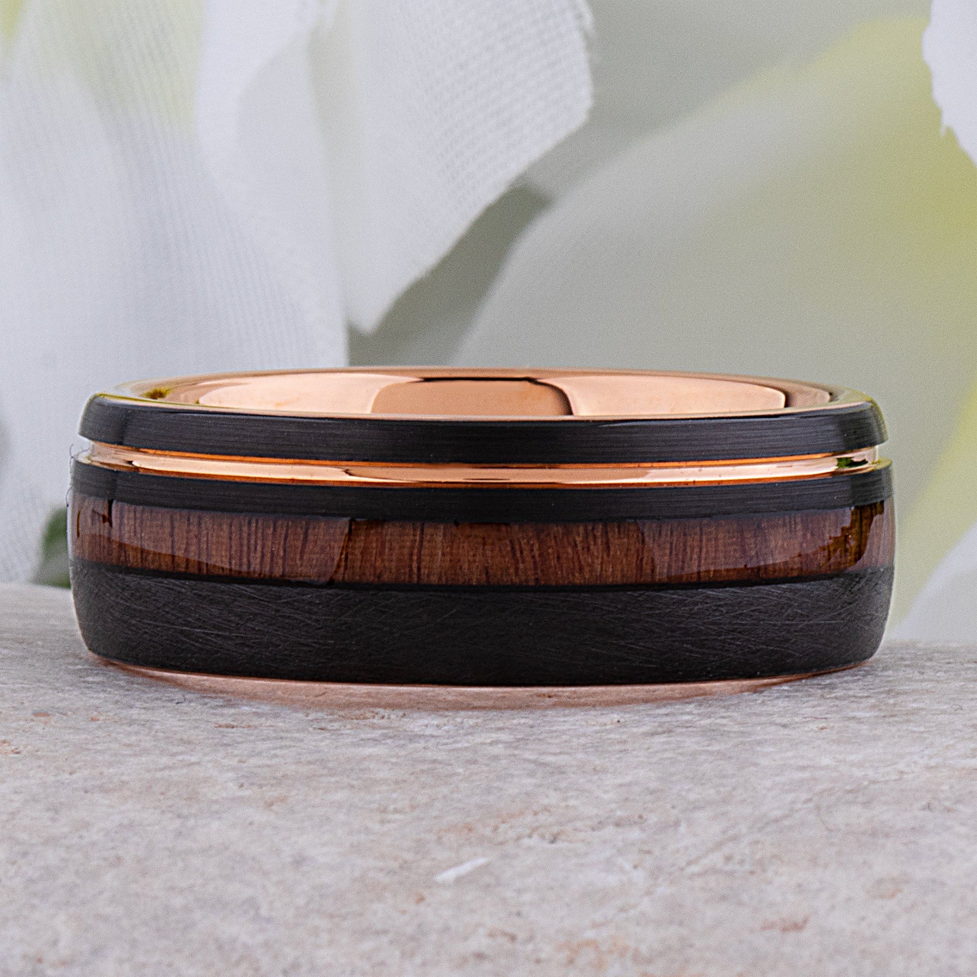 Tungsten Carbide Men's Wedding Band 8mm Wide with Black and Rose Gold Plating and Vietnamese Rosewood Inlay
