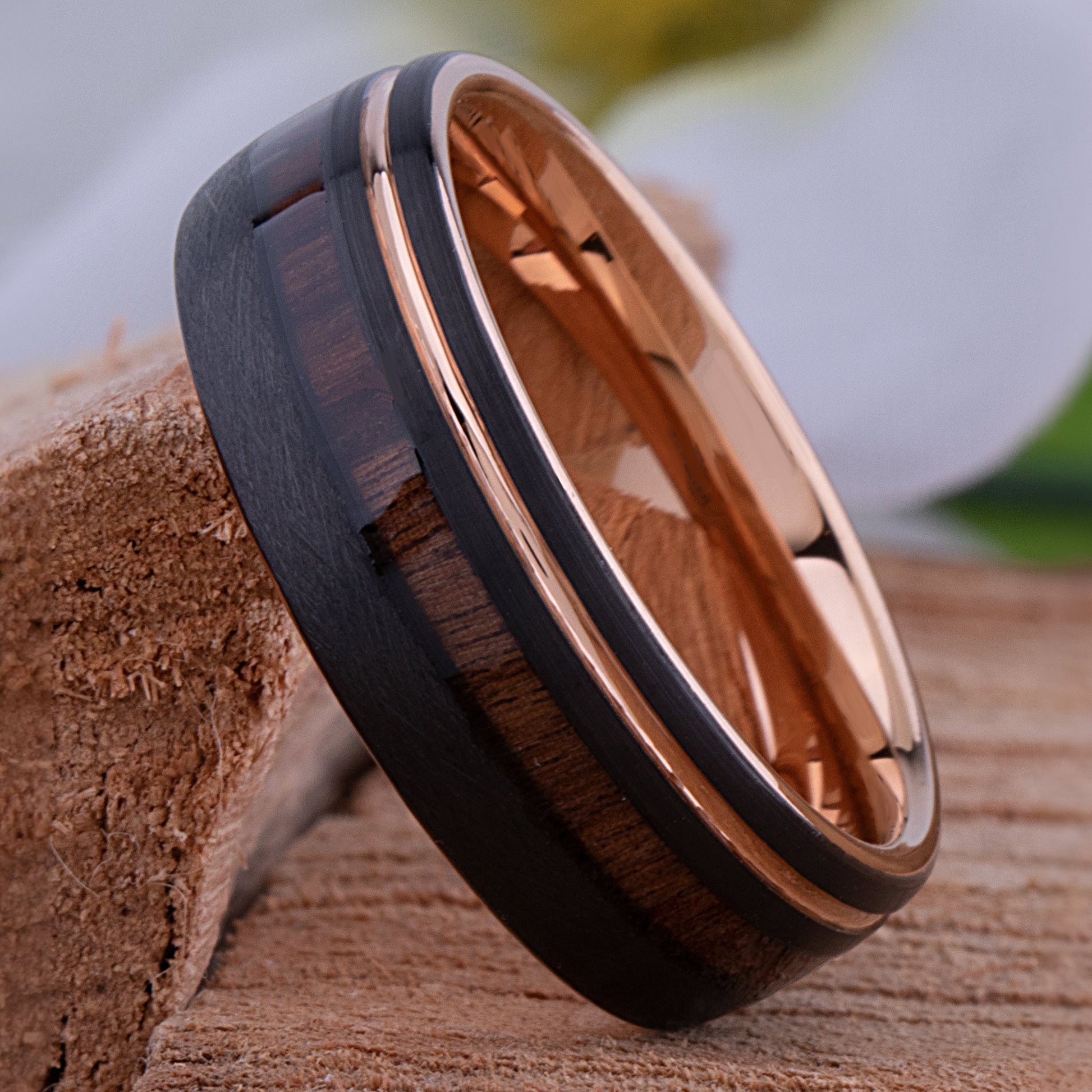 Tungsten Carbide Men's Wedding Band 8mm Wide with Black and Rose Gold Plating and Vietnamese Rosewood Inlay