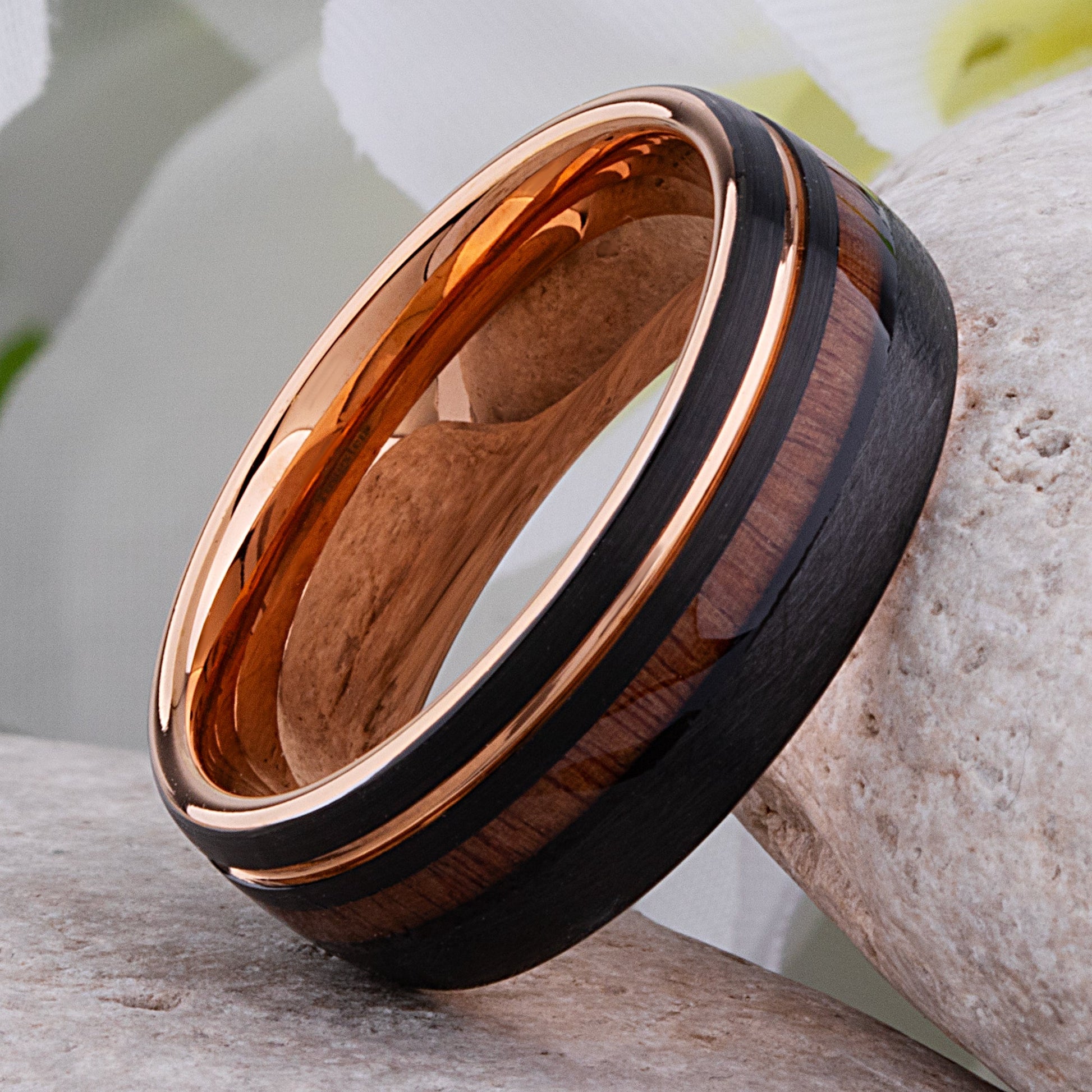 Tungsten Carbide Men's Wedding Band 8mm Wide with Black and Rose Gold Plating and Vietnamese Rosewood Inlay