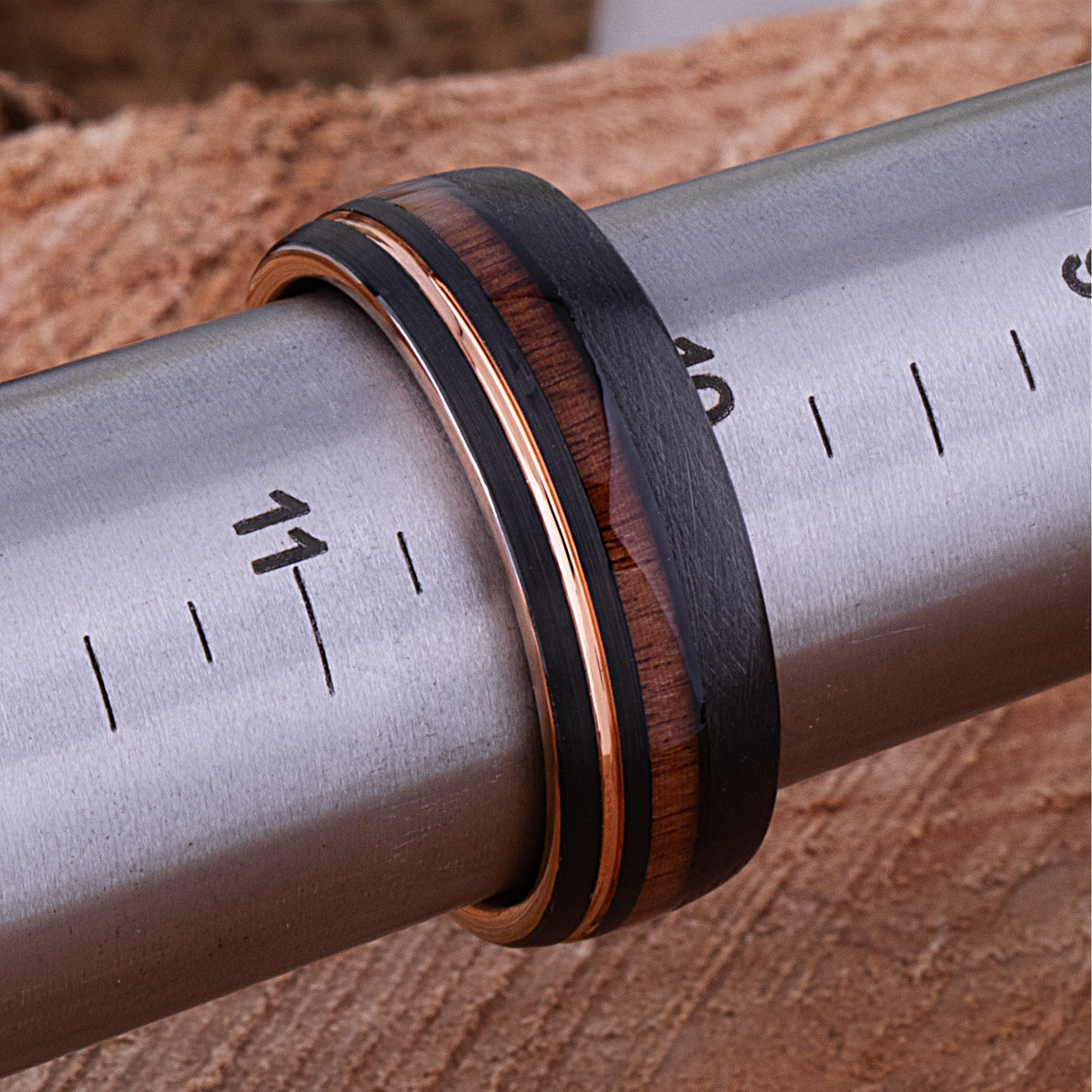 Tungsten Carbide Men's Wedding Band 8mm Wide with Black and Rose Gold Plating and Vietnamese Rosewood Inlay