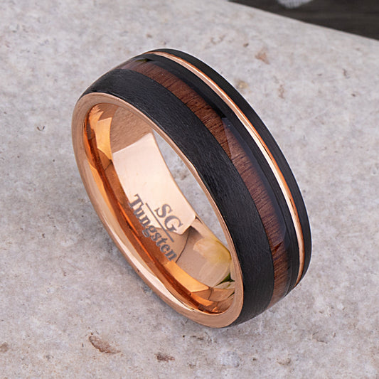 Tungsten Carbide Men's Wedding Band 8mm Wide with Black and Rose Gold Plating and Vietnamese Rosewood Inlay