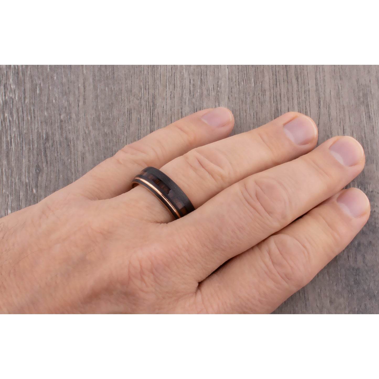 Tungsten Carbide Men's Wedding Band 8mm Wide with Black and Rose Gold Plating and Vietnamese Rosewood Inlay