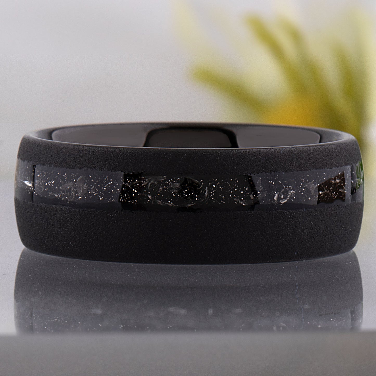Meteorite Inlay Black Tungsten Carbide Wedding Ring or Engagement Band 8mm Wide