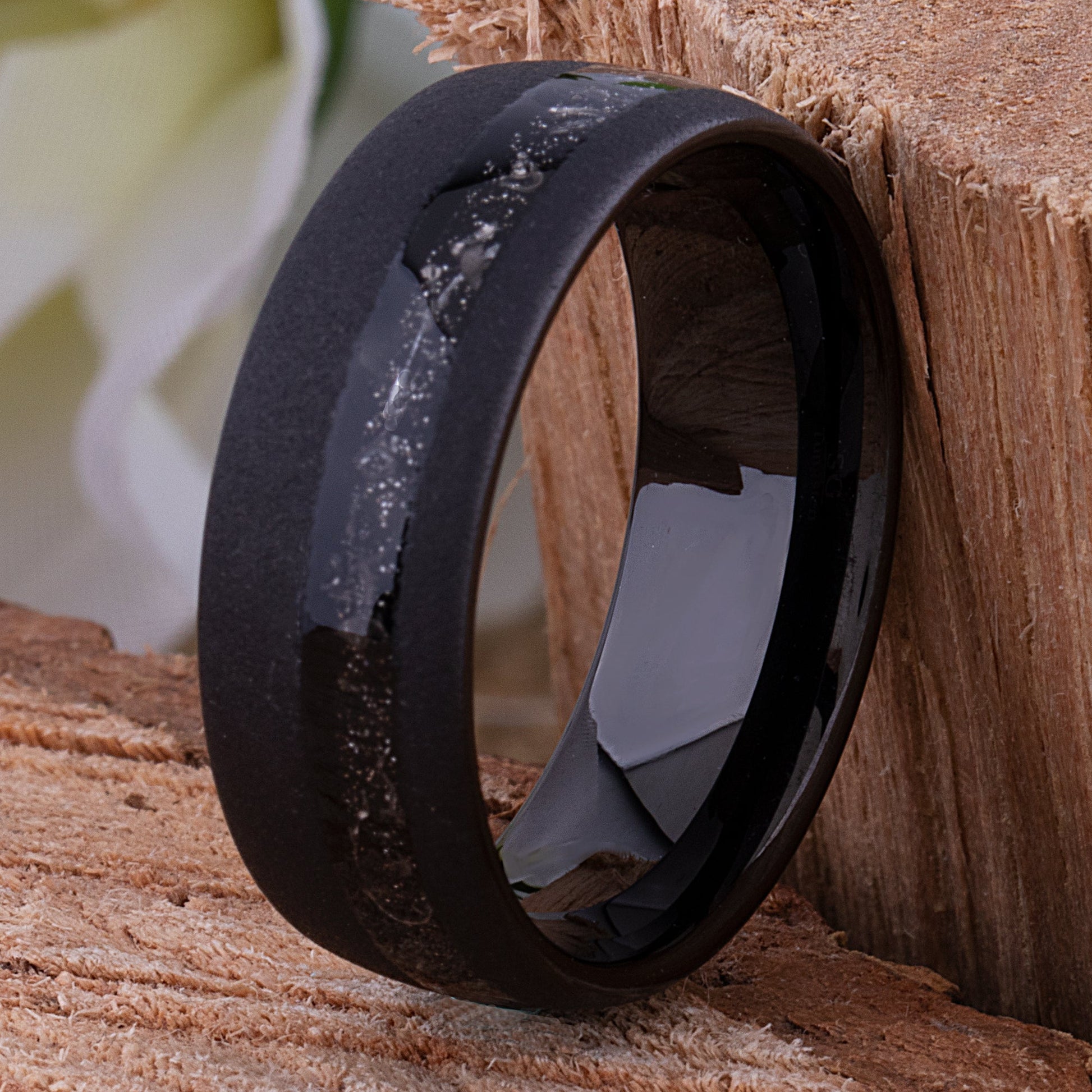 Meteorite Inlay Black Tungsten Carbide Wedding Ring or Engagement Band 8mm Wide
