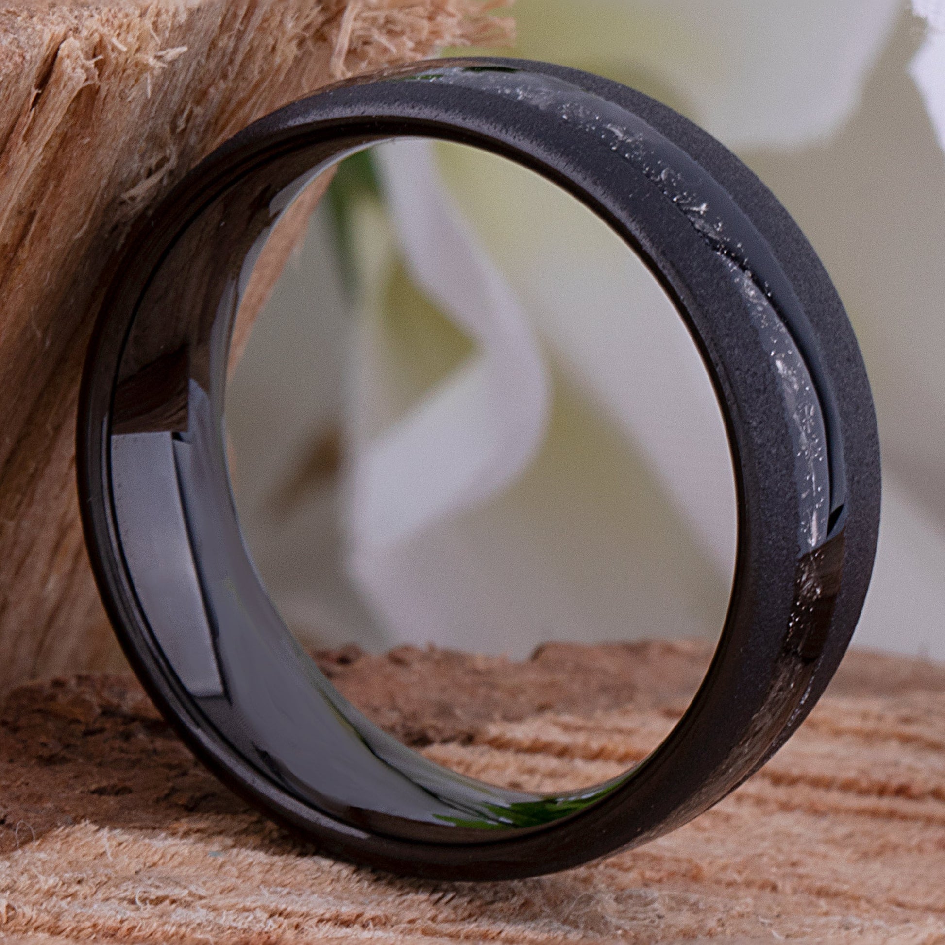 Meteorite Inlay Black Tungsten Carbide Wedding Ring or Engagement Band 8mm Wide