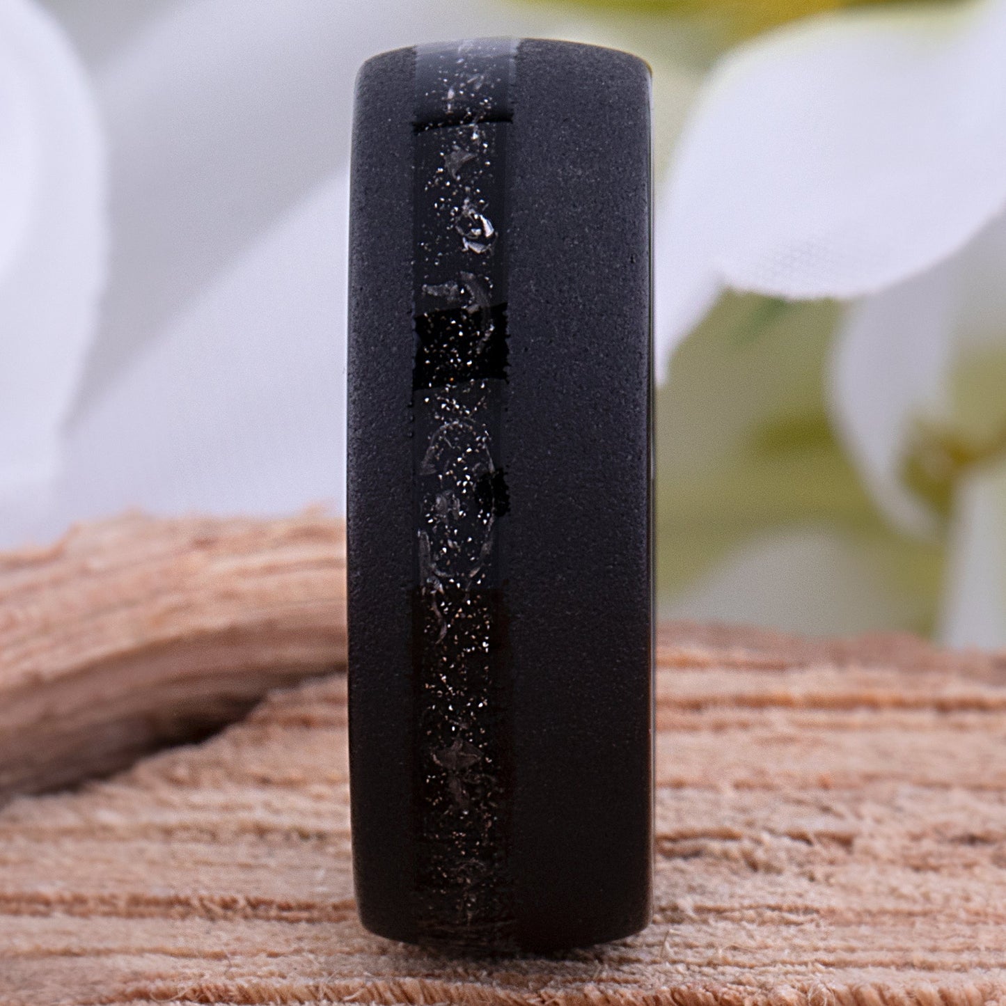 Meteorite Inlay Black Tungsten Carbide Wedding Ring or Engagement Band 8mm Wide