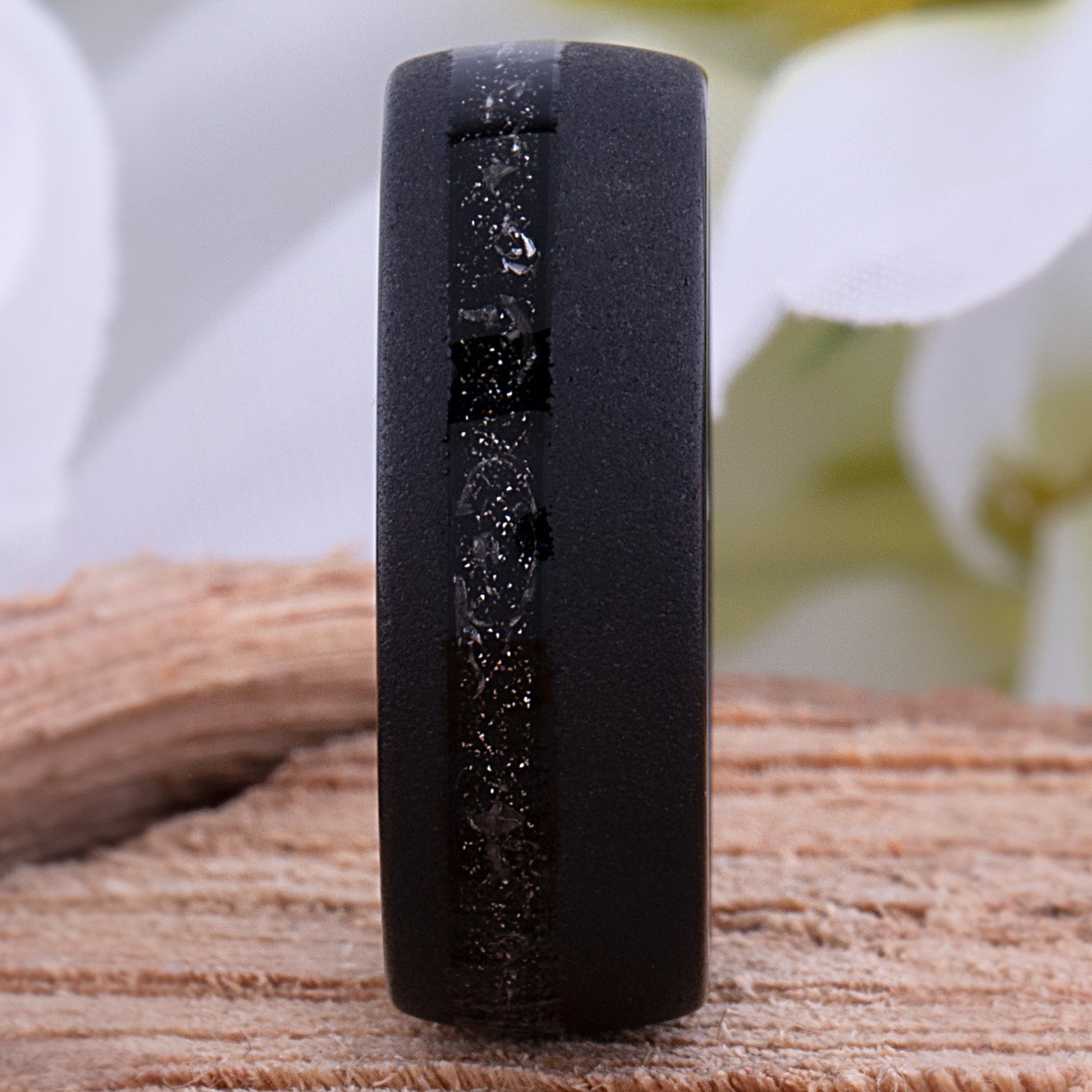 Meteorite Inlay Black Tungsten Carbide Wedding Ring or Engagement Band 8mm Wide