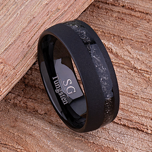 Meteorite Inlay Black Tungsten Carbide Wedding Ring or Engagement Band 8mm Wide