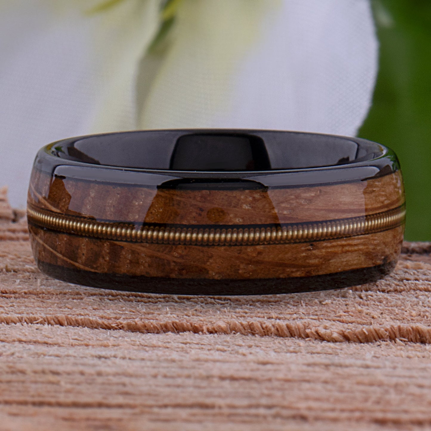 Black Tungsten Wedding Band or Engagement Ring 8mm Wide with Whiskey Wood and Guitar String