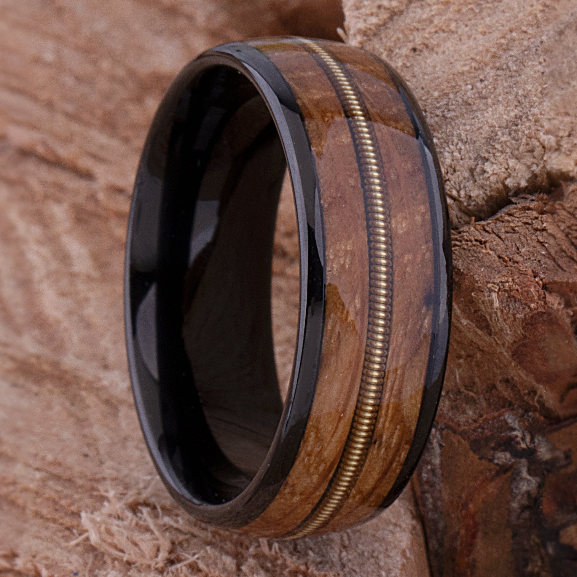 Black Tungsten Wedding Band or Engagement Ring 8mm Wide with Whiskey Wood and Guitar String